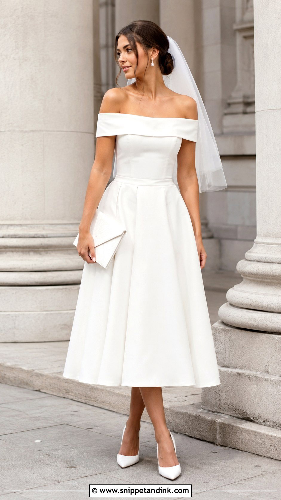 Off Shoulder Midi Courthouse Wedding Dress - Snippet and Ink - 20 Courthouse Wedding Outfit Bride Ideas