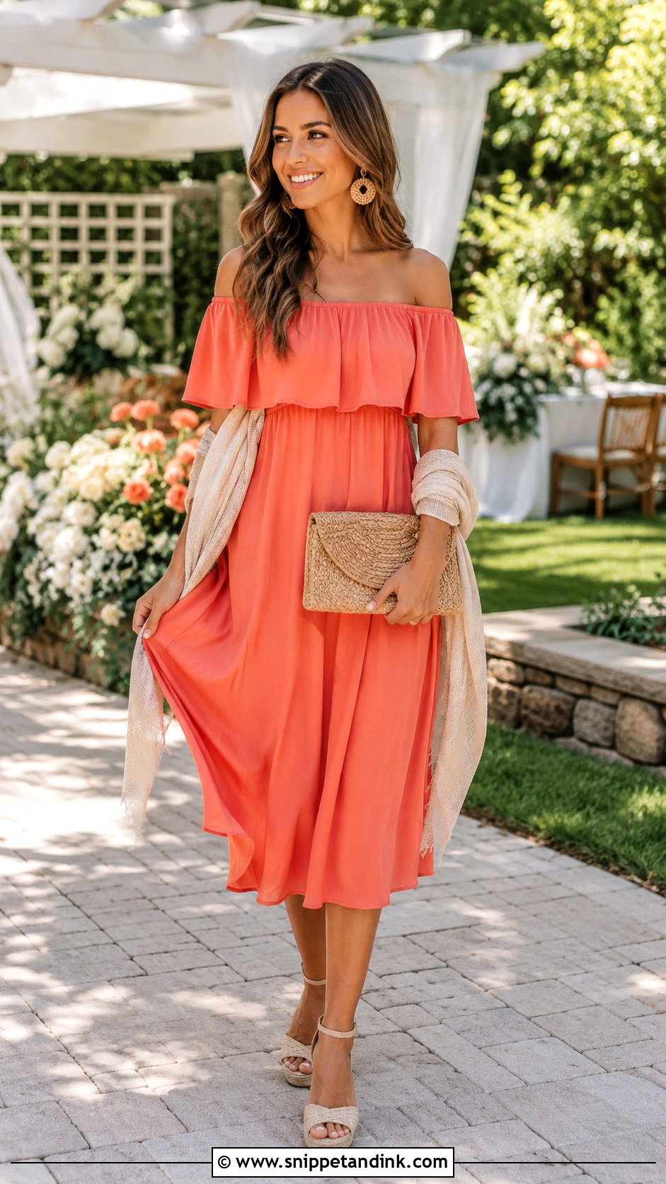 Off Shoulder Midi Dress Backyard Wedding Outfit - Snippet and Ink - 20 Backyard Wedding Outfit Ideas