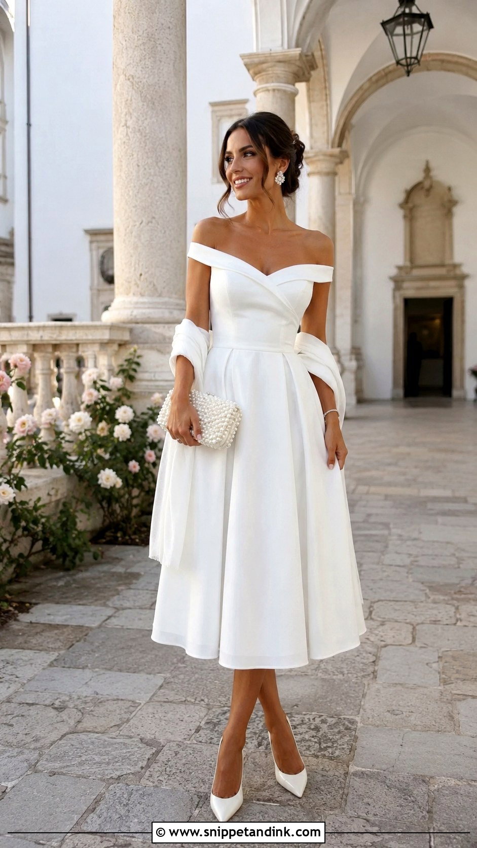 Off Shoulder Midi Dress Bridal Rehearsal Dinner Outfit - Snippet and Ink - 20 Bridal Outfits Rehearsal Dinners