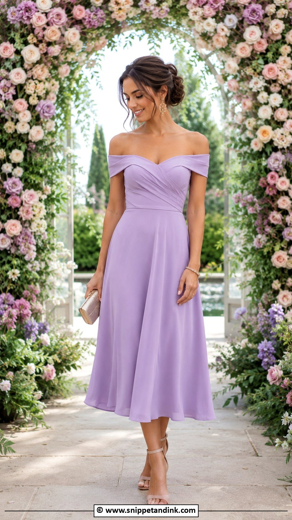 Off Shoulder Midi Dress Garden Cocktail Attire - Snippet and Ink - 25 Garden Cocktail Attire Wedding Ideas