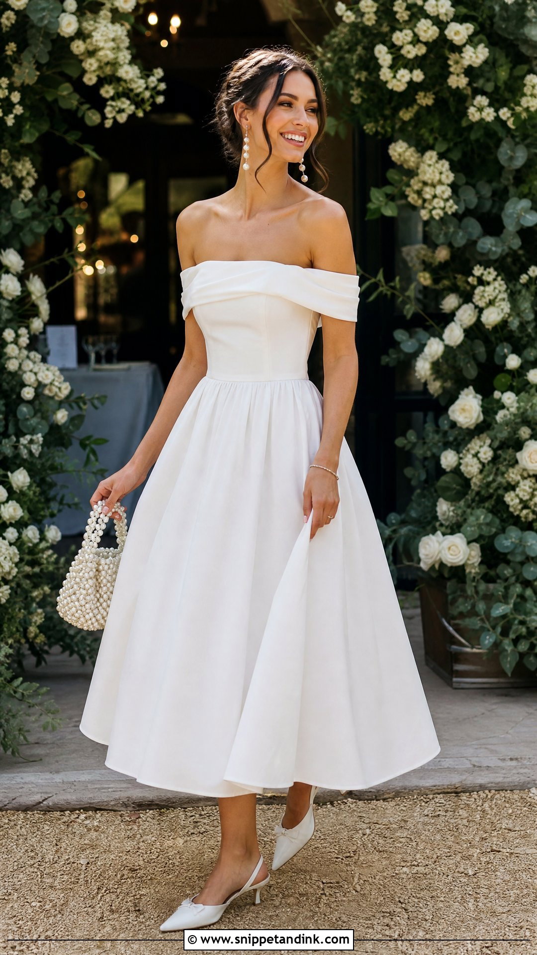 Off Shoulder Midi Dress Wedding Send Off Outfit - Snippet and Ink - 20 Wedding Send Off Outfit Ideas