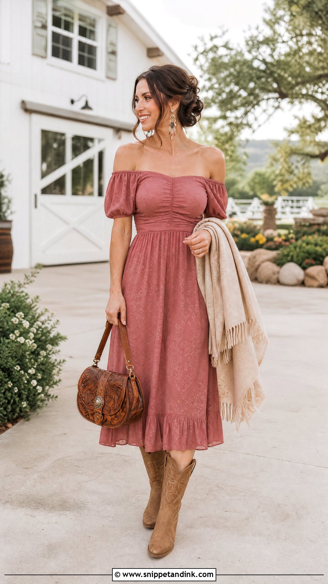 Off Shoulder Midi Dress for Western Wedding - Snippet and Ink - 20 Western Dresses for Wedding