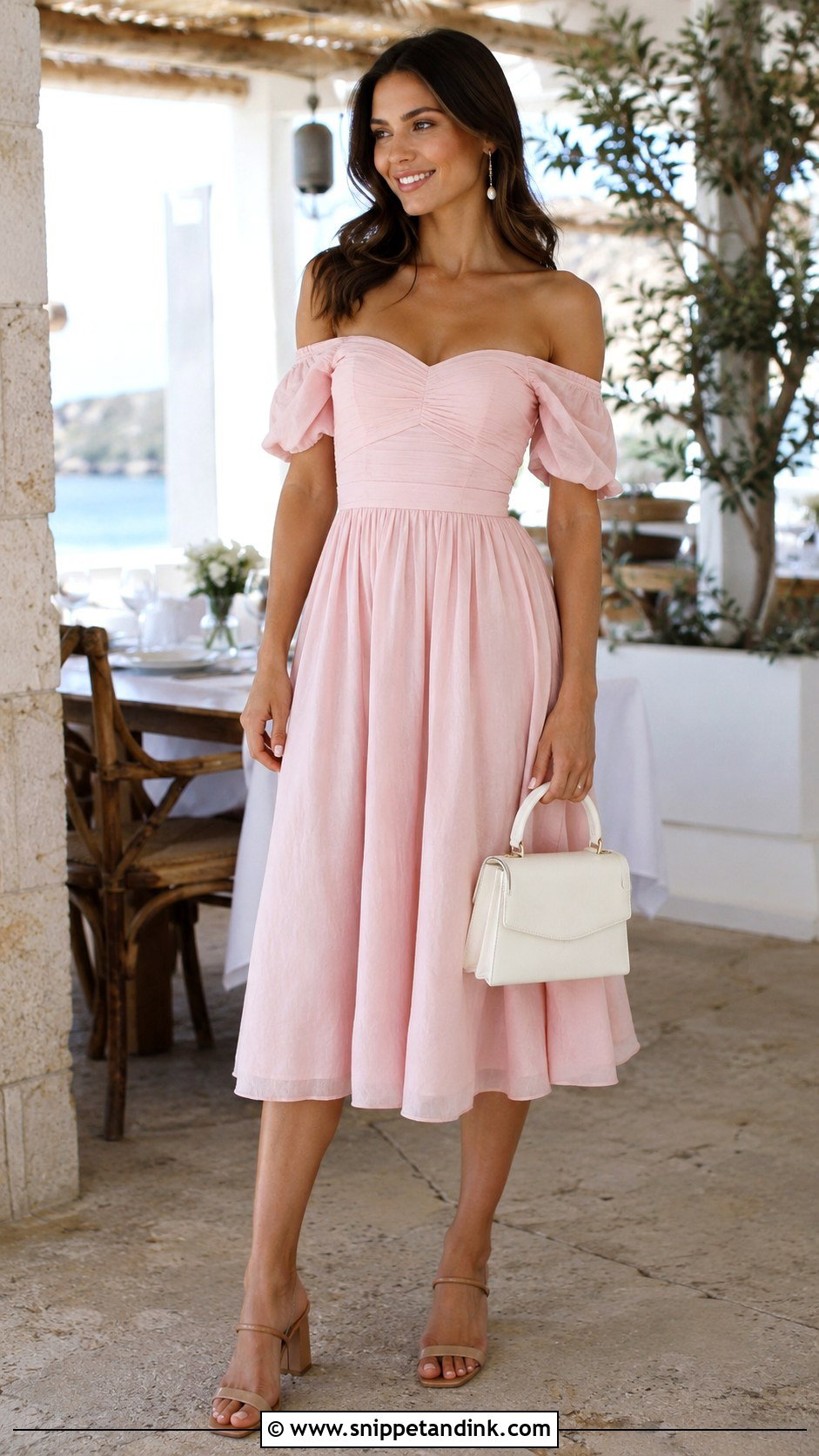 Off Shoulder Midi Honeymoon Dress With Block Heels - Snippet and Ink - 20 Hanimoon Dress for Women Ideas