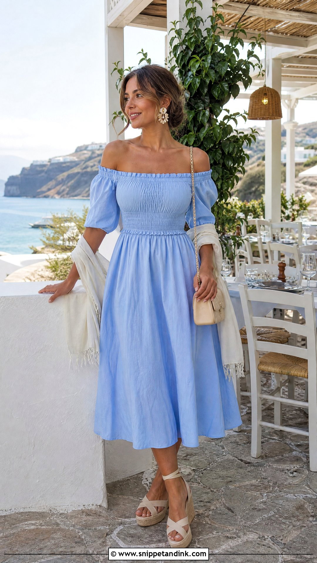 Off Shoulder Midi Honeymoon Outfit - Snippet and Ink - 20 Romantic Honeymoon Outfits