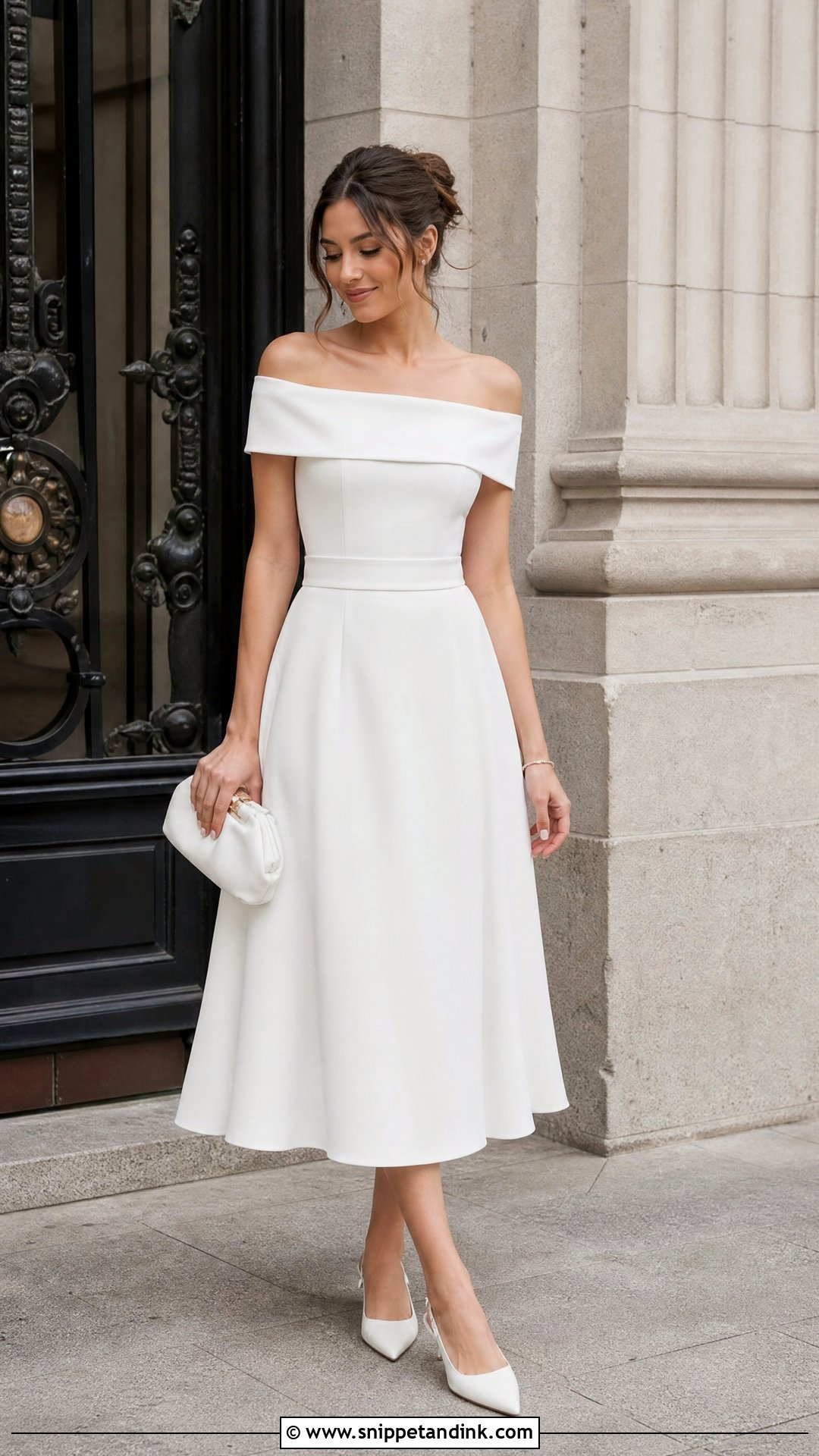 Off Shoulder Midi Registry Wedding Outfit - Snippet and Ink - 20 Registry Wedding Outfit Ideas