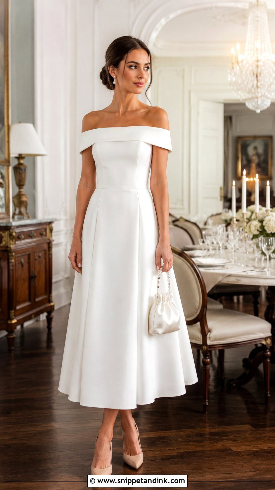 Off Shoulder Midi Rehearsal Dinner Outfit - Snippet and Ink - 20 Bridal Rehearsal Dinner Outfit Ideas