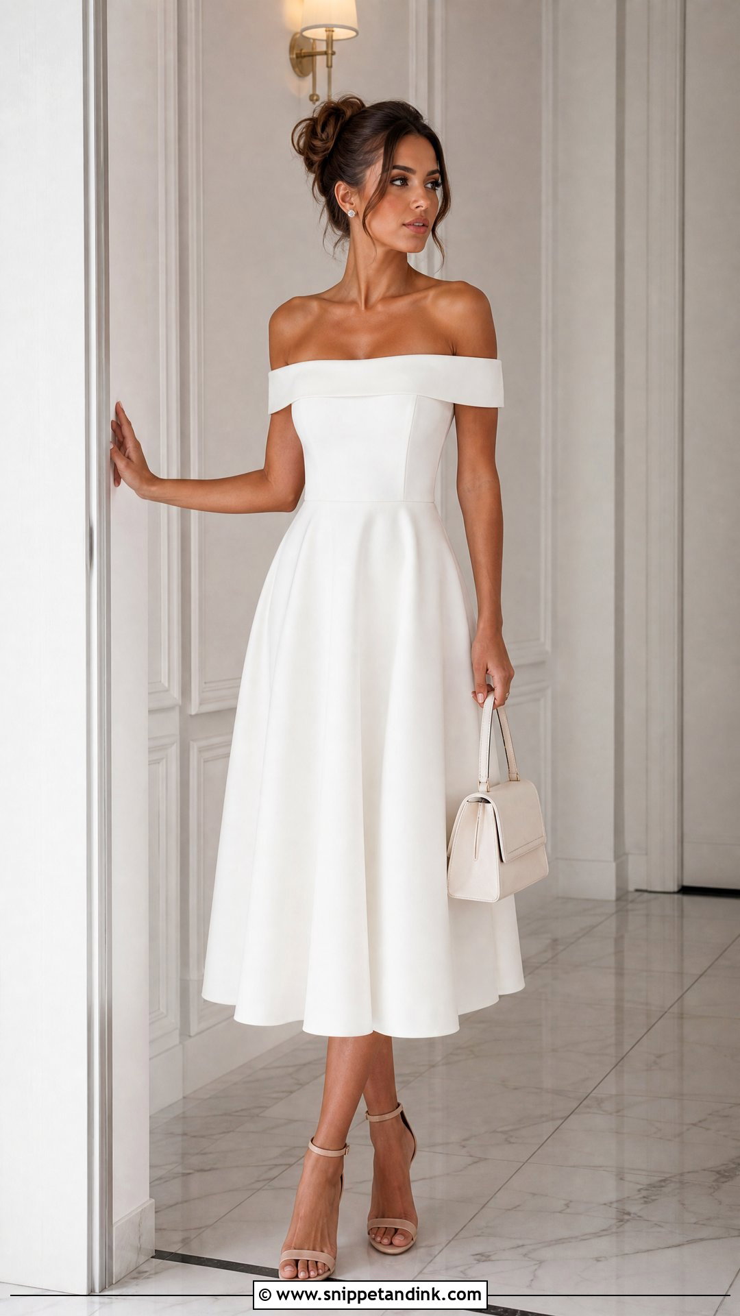 Off Shoulder Midi Rehearsal Dress - Snippet and Ink - 20 Rehearsal Dress for Bride Ideas