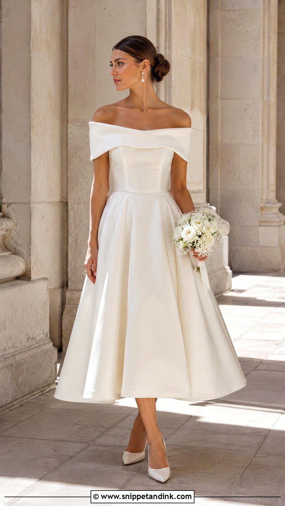 Off Shoulder Midi Wedding Dress - Snippet and Ink - 25 Midi Wedding Dress Tea Length Ideas