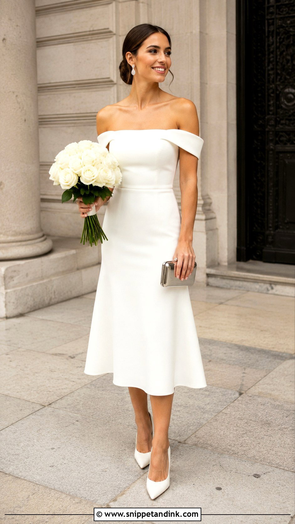 Off Shoulder Midi Wedding Dress - Snippet and Ink - 20 Justice of the Peace Wedding Dress Ideas
