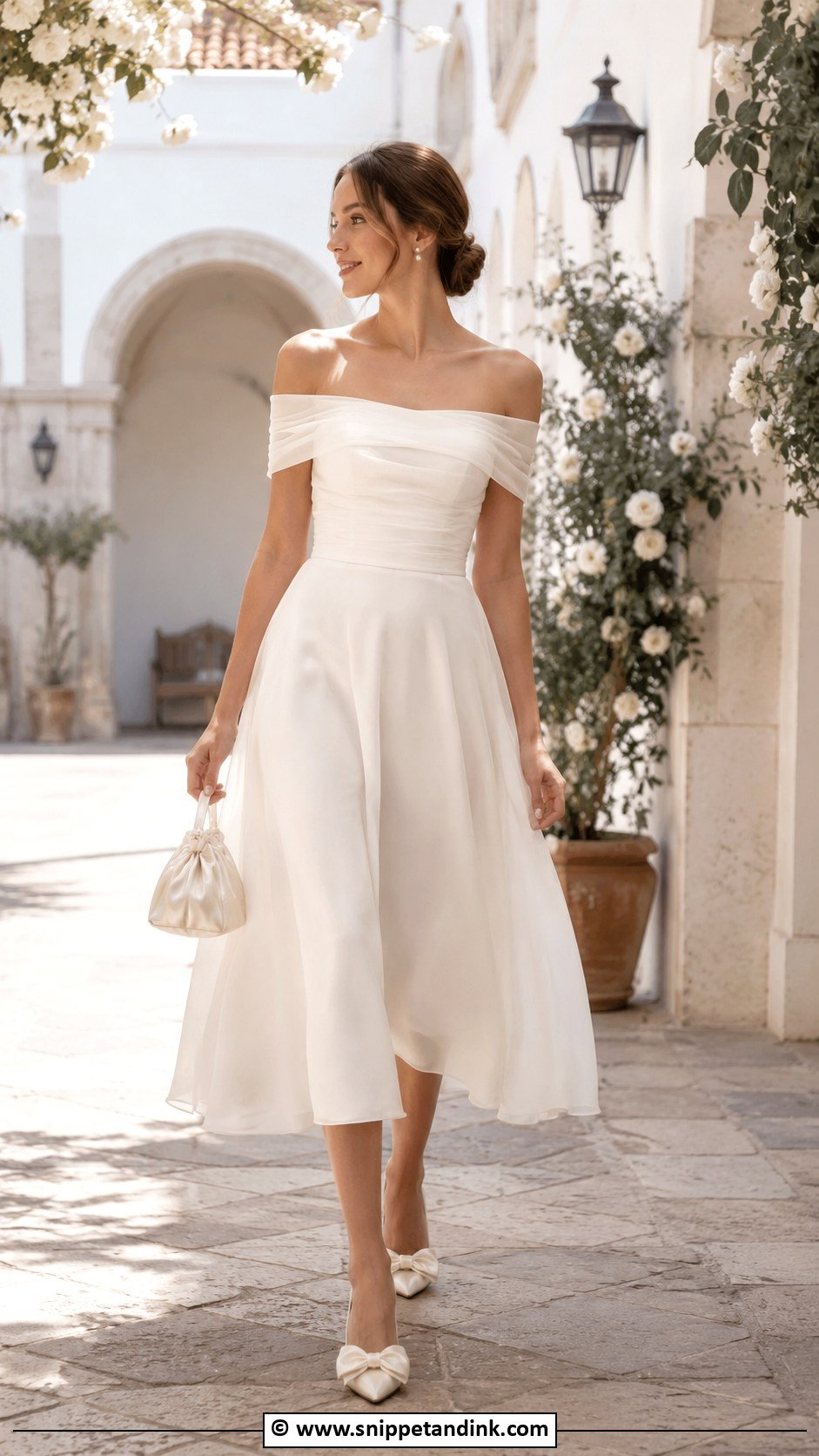 Off Shoulder Midi Wedding Dress With Bow Heels - Snippet and Ink - 30 Midi Wedding Dress Ideas