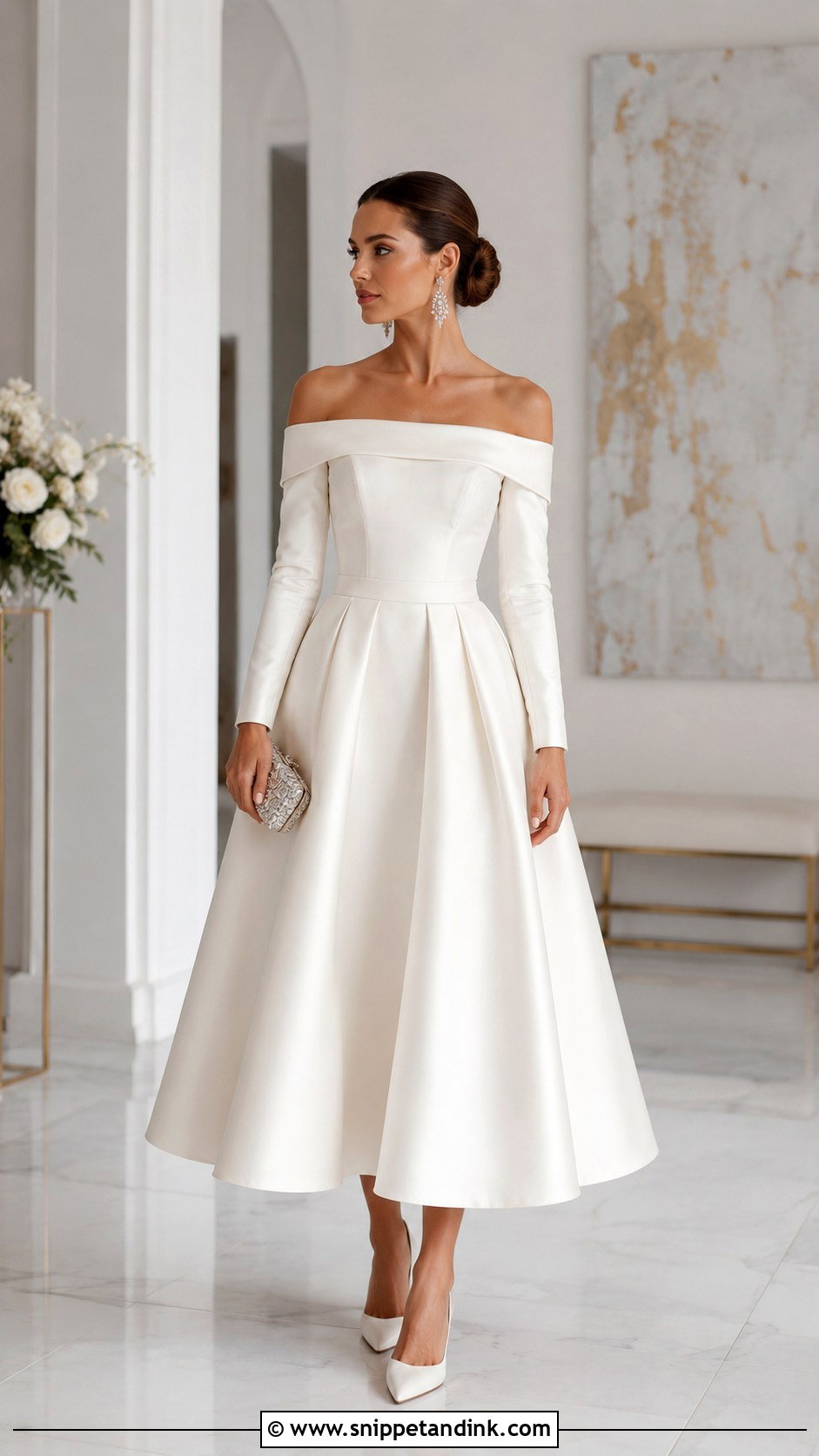 Off Shoulder Midi Wedding Dress With Long Sleeves - Snippet and Ink - 20 Midi Wedding Dress with Sleeves