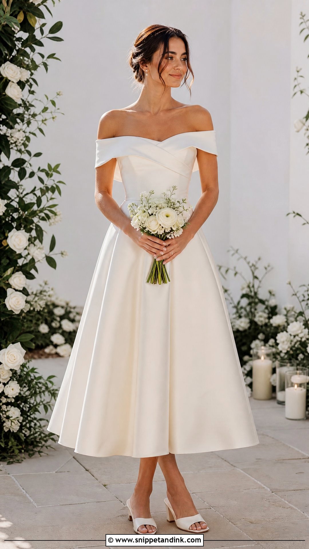 Off Shoulder Midi Wedding Dress - Snippet and Ink - 25 Mid Length Wedding Dress Ideas