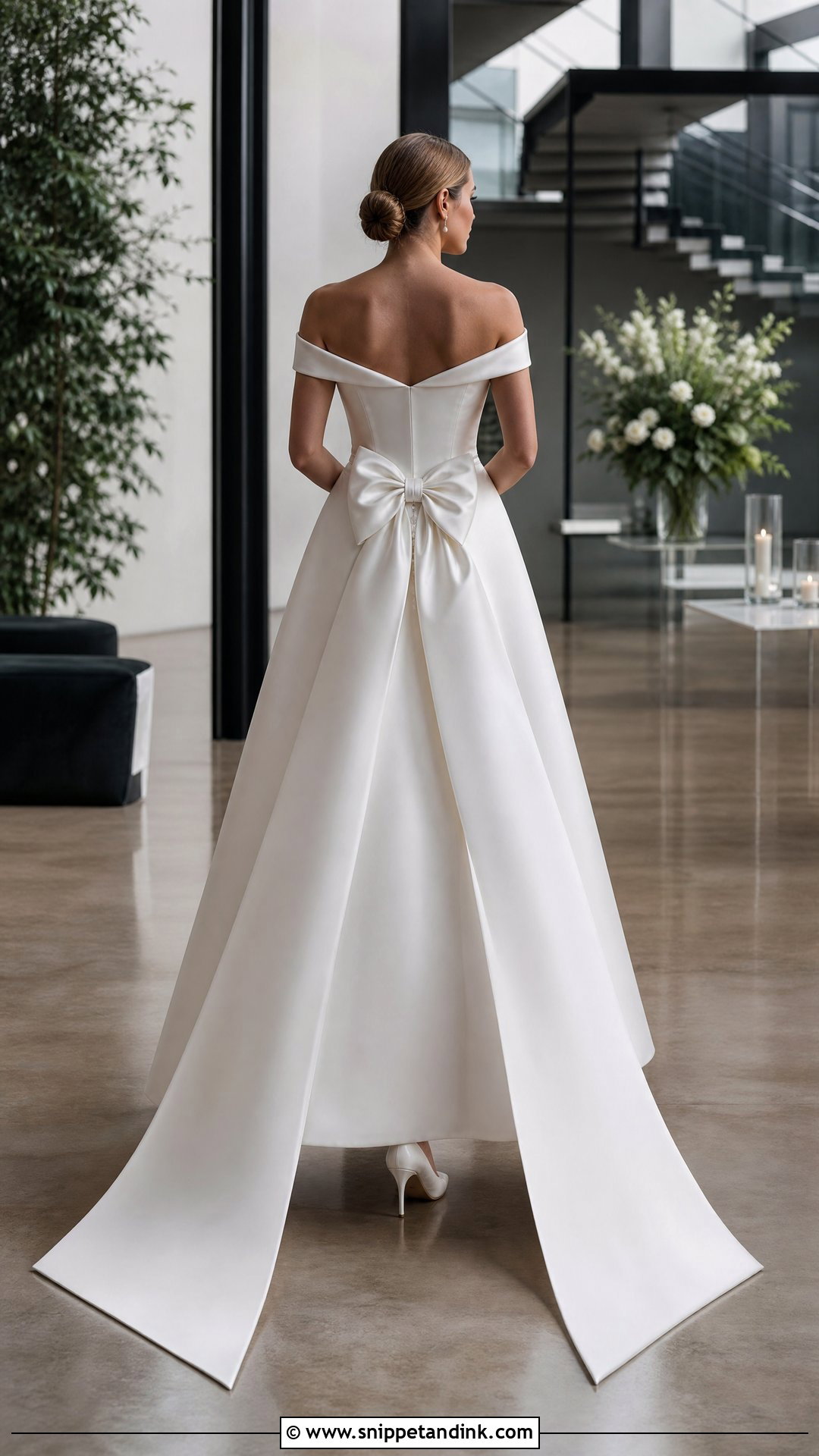 Off Shoulder Mikado Wedding Dress With Detachable Bow Train - Snippet and Ink - 20 Wedding Dress with Detachable Train Ideas