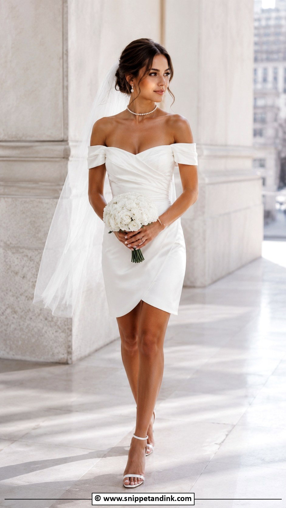 Off Shoulder Mini Wedding Dress With Veil - Snippet and Ink - 30 Mini Wedding Dresses
