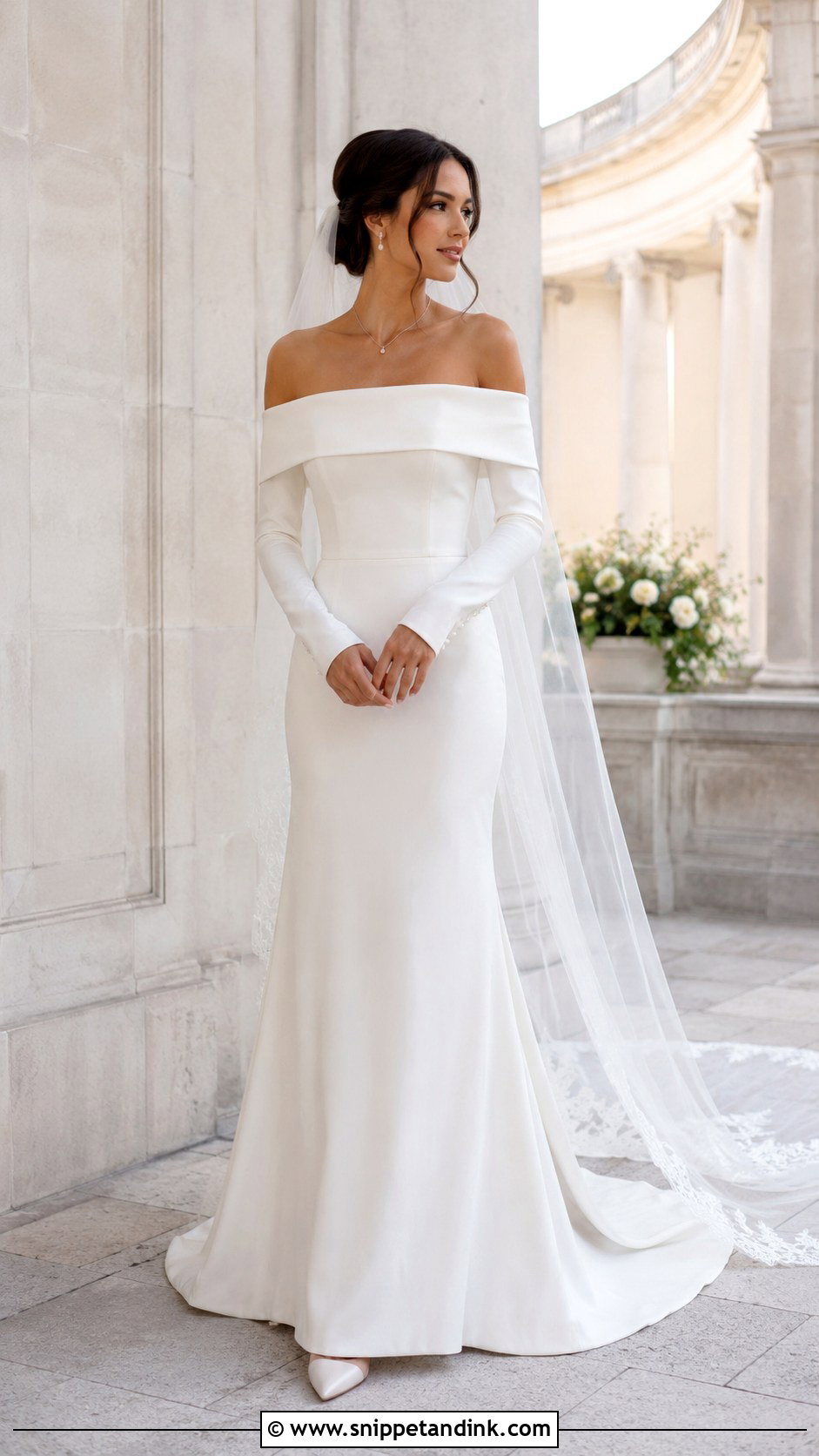 Off Shoulder Minimal Long Sleeve Wedding Dress - Snippet and Ink - 20 Minimal Wedding Dress Long Sleeve Ideas
