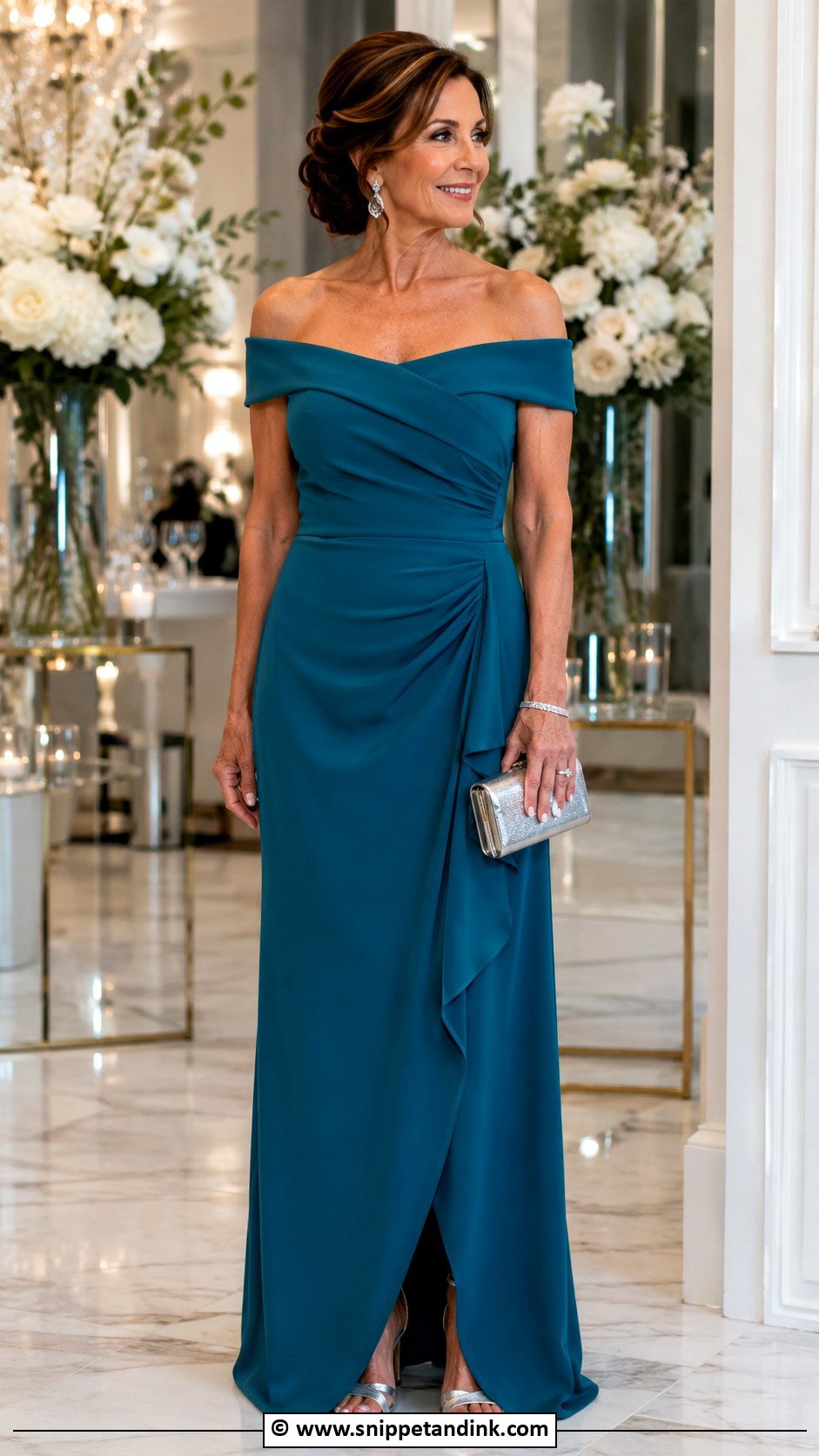 Off Shoulder Mother Of The Bride Dress With Drop Earrings - Snippet and Ink - 25 Mom of the Bride Dress Ideas