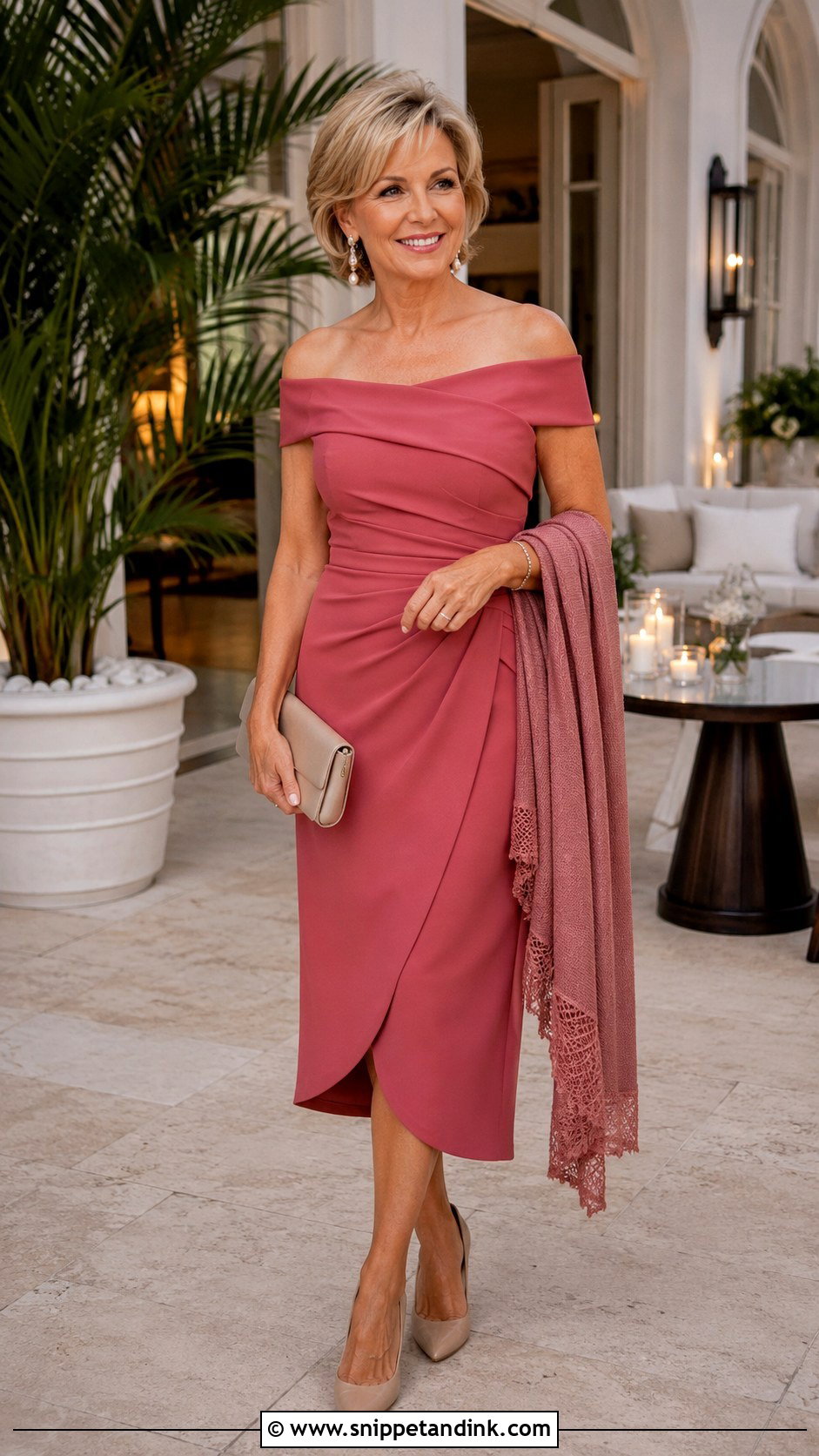 Off Shoulder Mother Of The Bride Midi Dress - Snippet and Ink - 20 Brides Mum Outfit Ideas