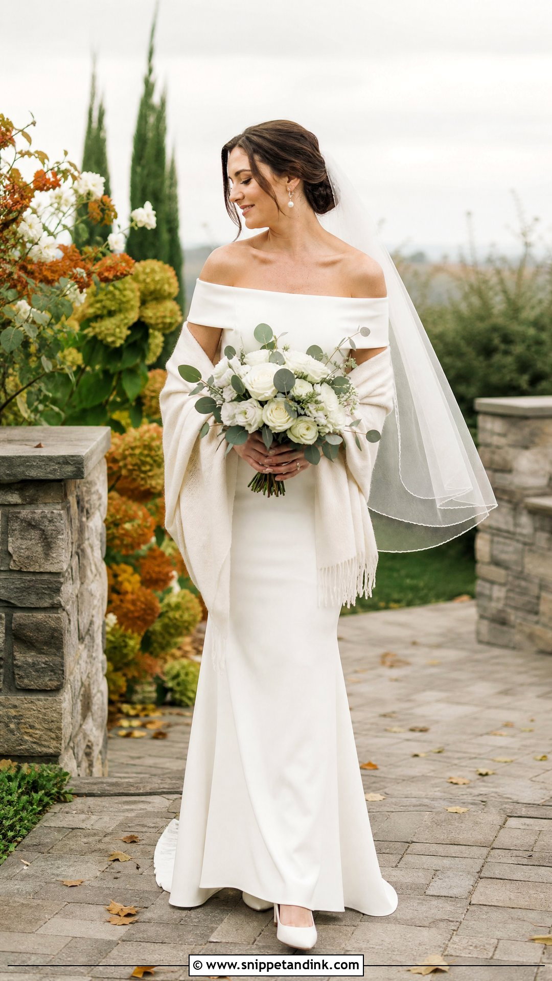 Off Shoulder October Bridal Gown With Shawl - Snippet and Ink - 20 October Bride Ideas