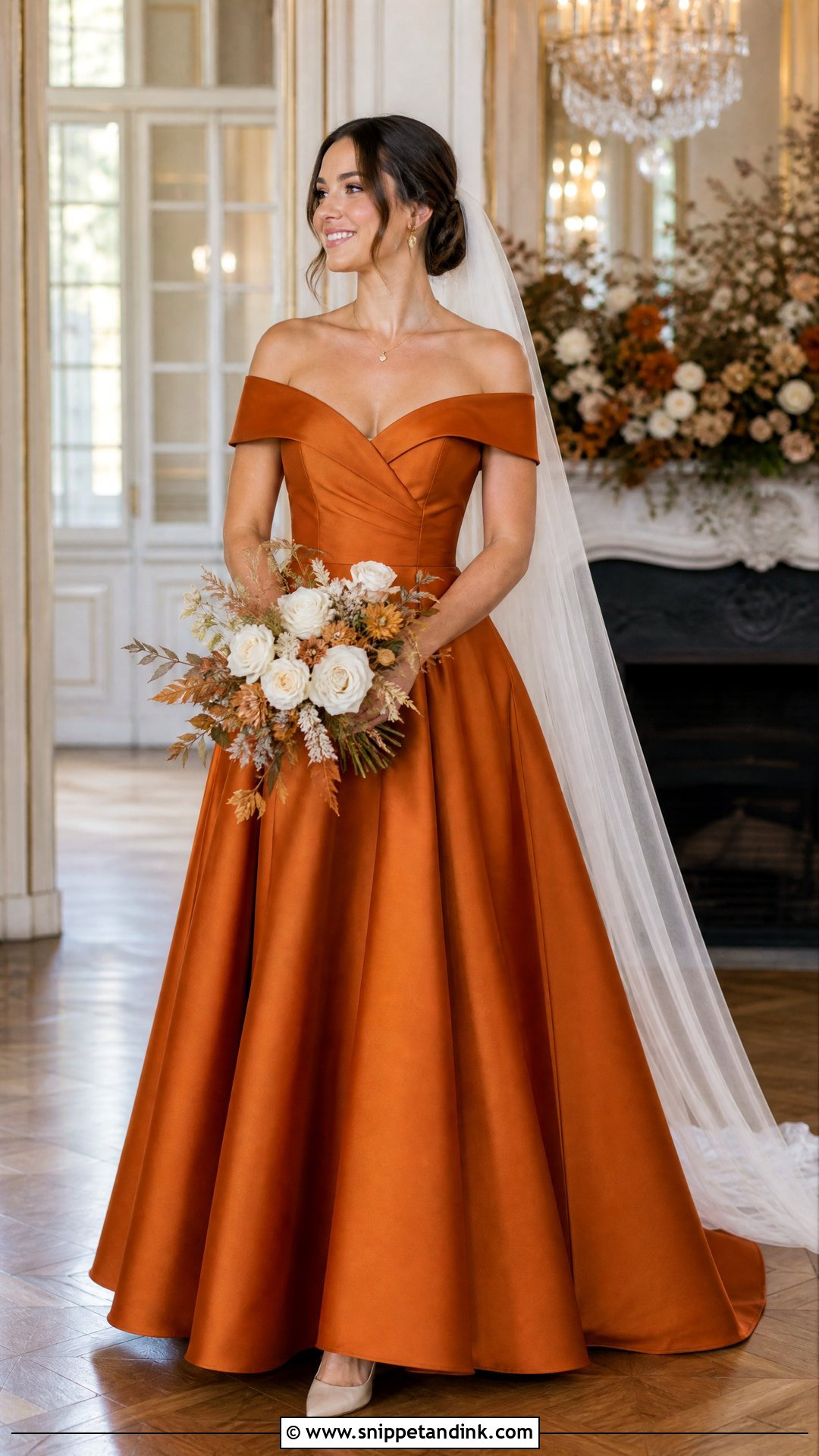 Off Shoulder Orange Wedding Dress - Snippet and Ink - 20 Orange Wedding Dresses
