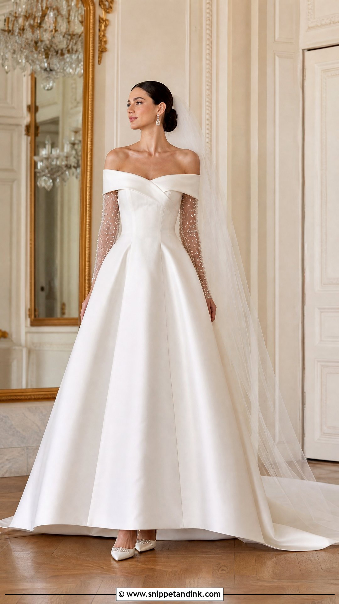 Off Shoulder Pearl Sleeve Wedding Dress - Snippet and Ink - 20 Pearl Sleeve Wedding Dress Ideas