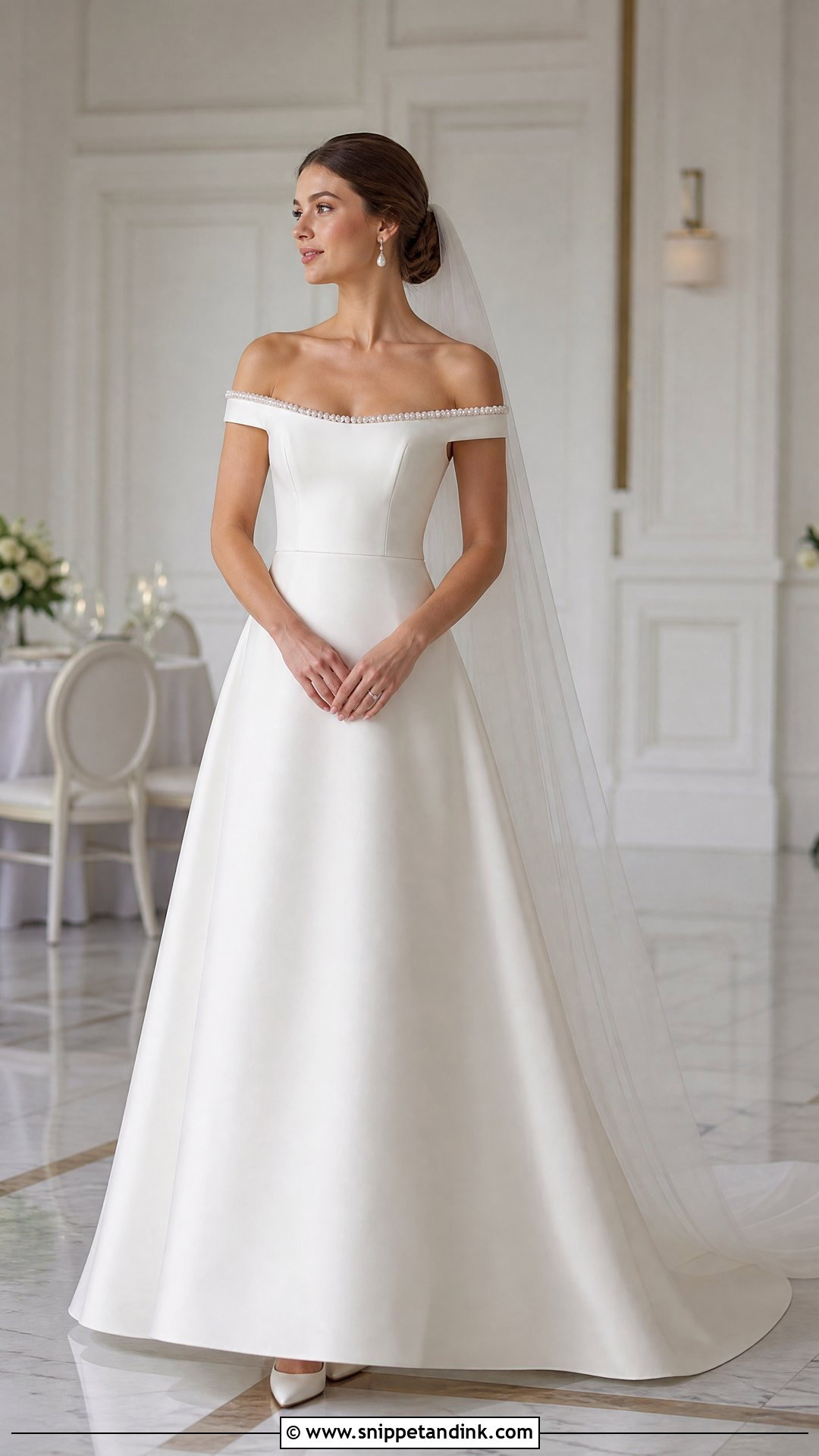 Off Shoulder Pearl Wedding Dress - Snippet and Ink - 20 Vintage Pearl Wedding Dress Ideas