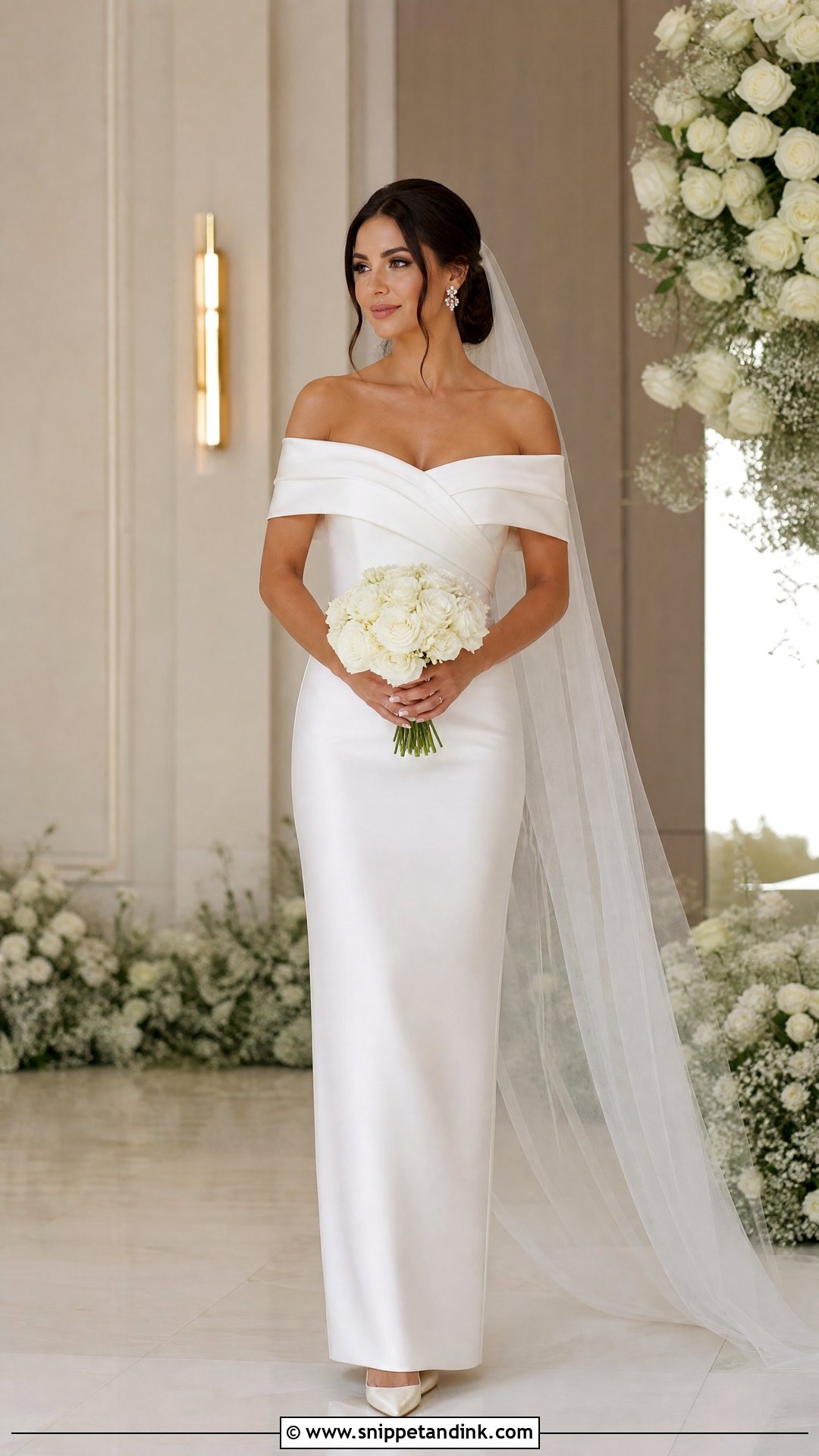 Off Shoulder Pencil Wedding Dress - Snippet and Ink - 20 Pencil Wedding Dress Ideas