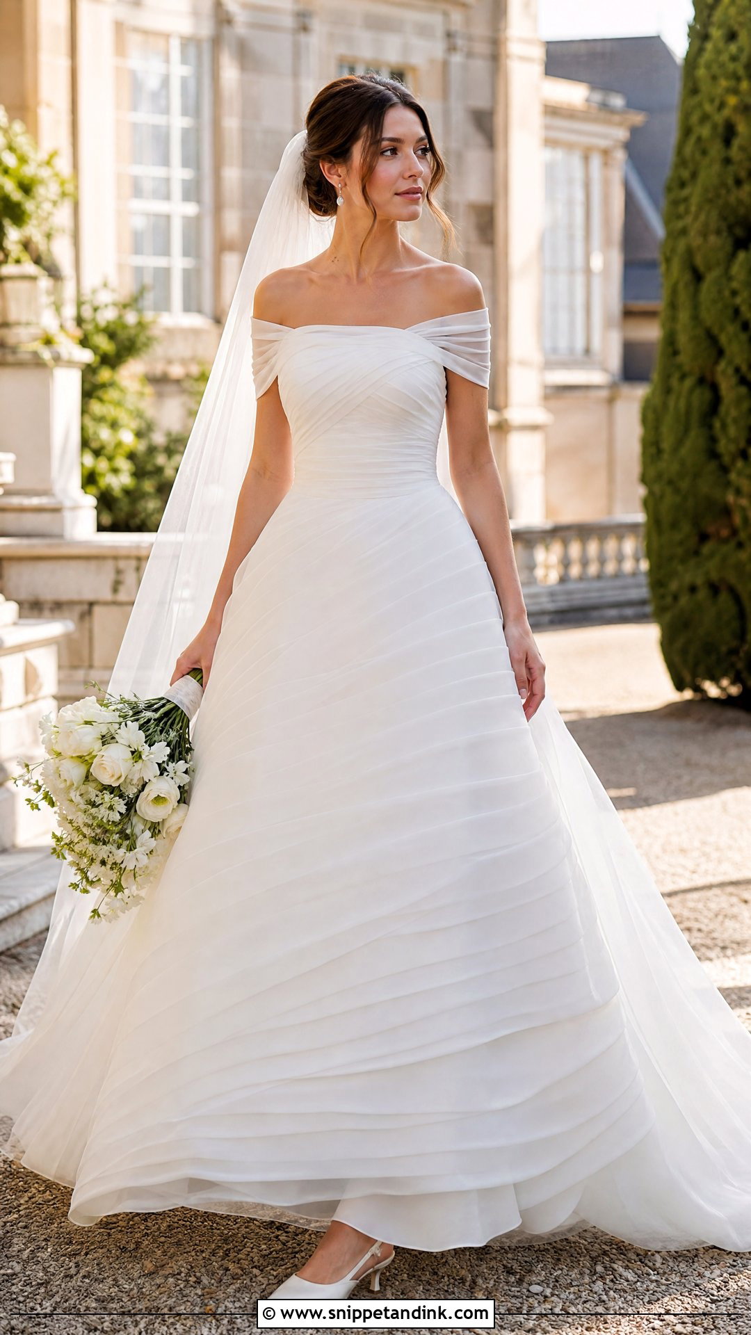 Off Shoulder Pleated Organza Wedding Gown - Snippet and Ink - 20 Pleated Wedding Gown Ideas