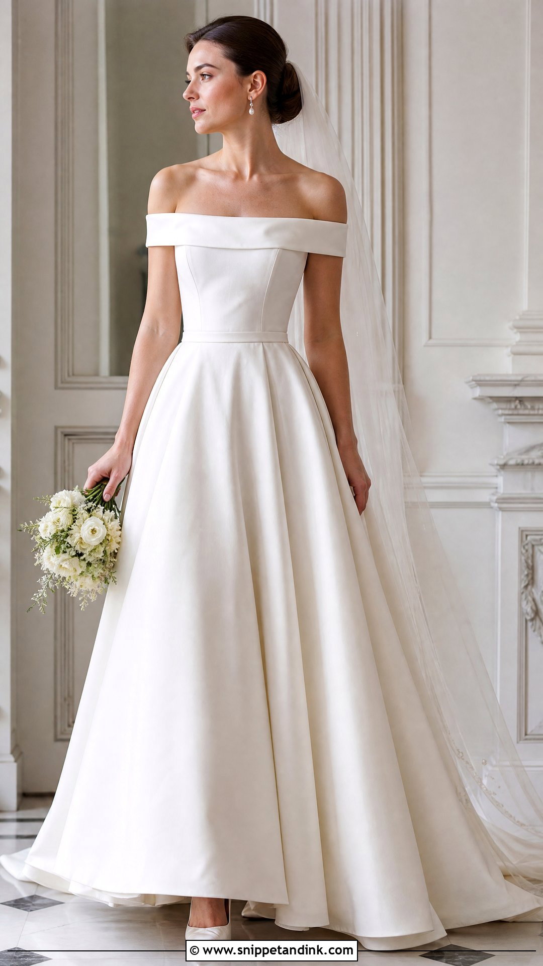 Off Shoulder Portrait Collar Wedding Gown - Snippet and Ink - 20 Vintage Classy Wedding Gown Ideas