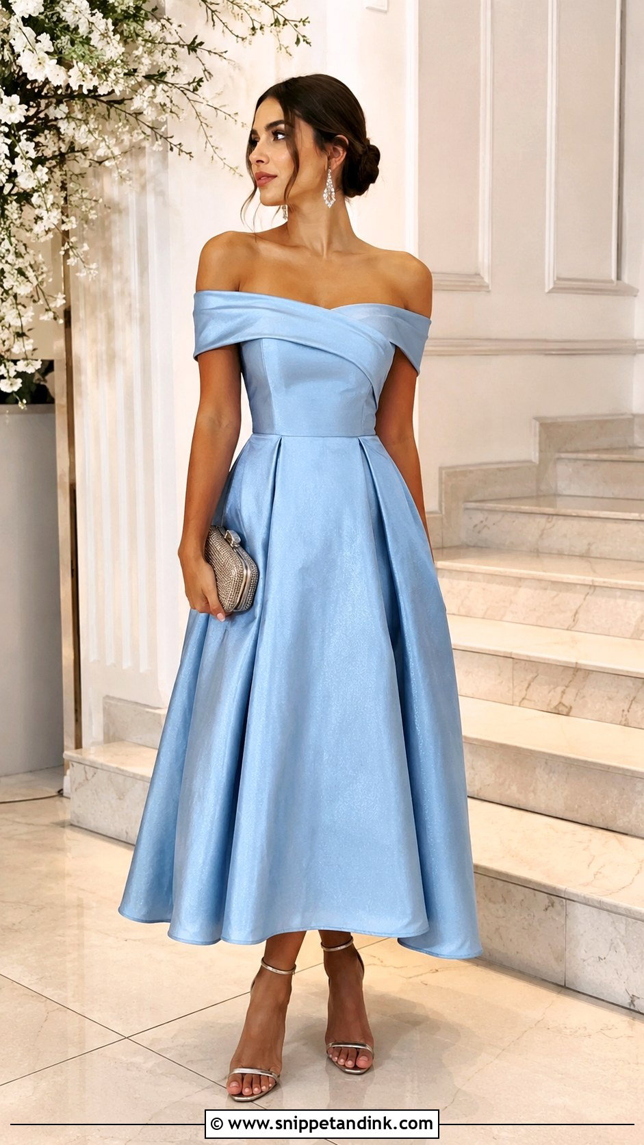 Off Shoulder Princess Cut Dress With Drop Earrings - Snippet and Ink - 30 Princess Cut Dress Ideas