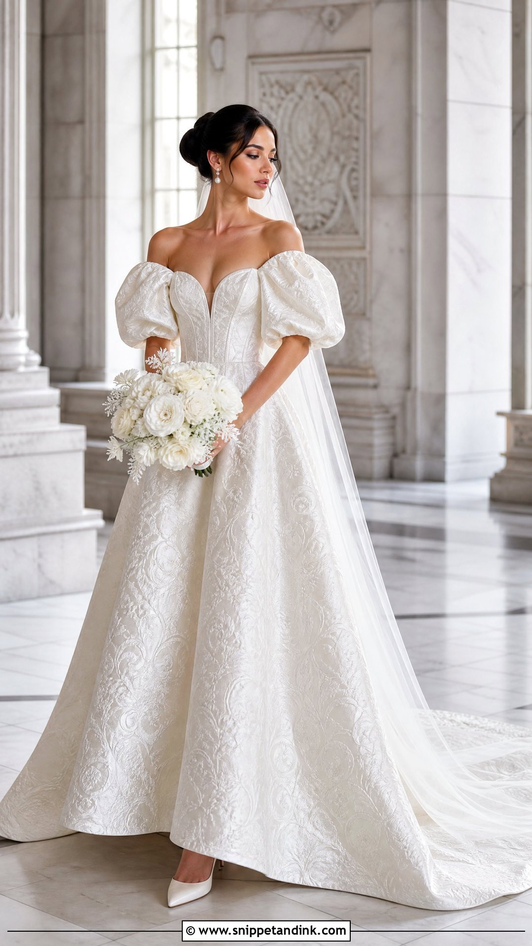 Off Shoulder Puff Sleeve Brocade Wedding Dress - Snippet and Ink - 20 Off Shoulder Puff Sleeve Wedding Dress Ideas