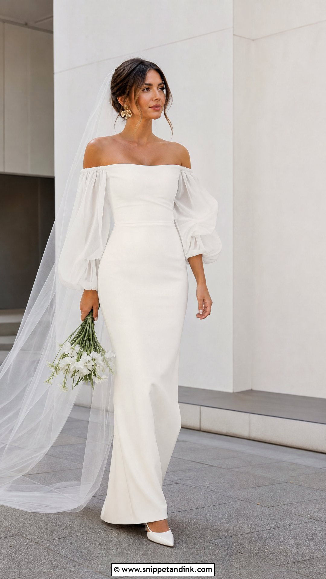 Off Shoulder Puff Sleeve Column Wedding Dress - Snippet and Ink - 20 Off Shoulder Puff Sleeve Wedding Dress Ideas