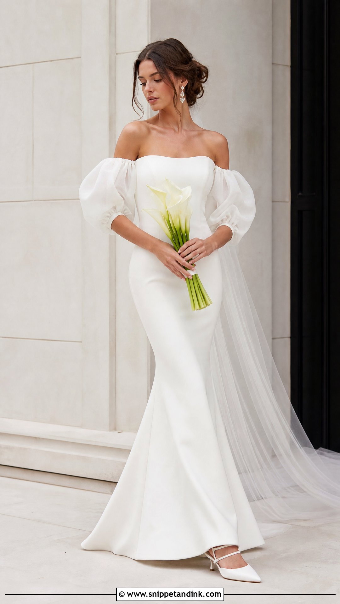 Off Shoulder Puff Sleeve Crepe Mermaid Wedding Dress - Snippet and Ink - 20 Off Shoulder Puff Sleeve Wedding Dress Ideas