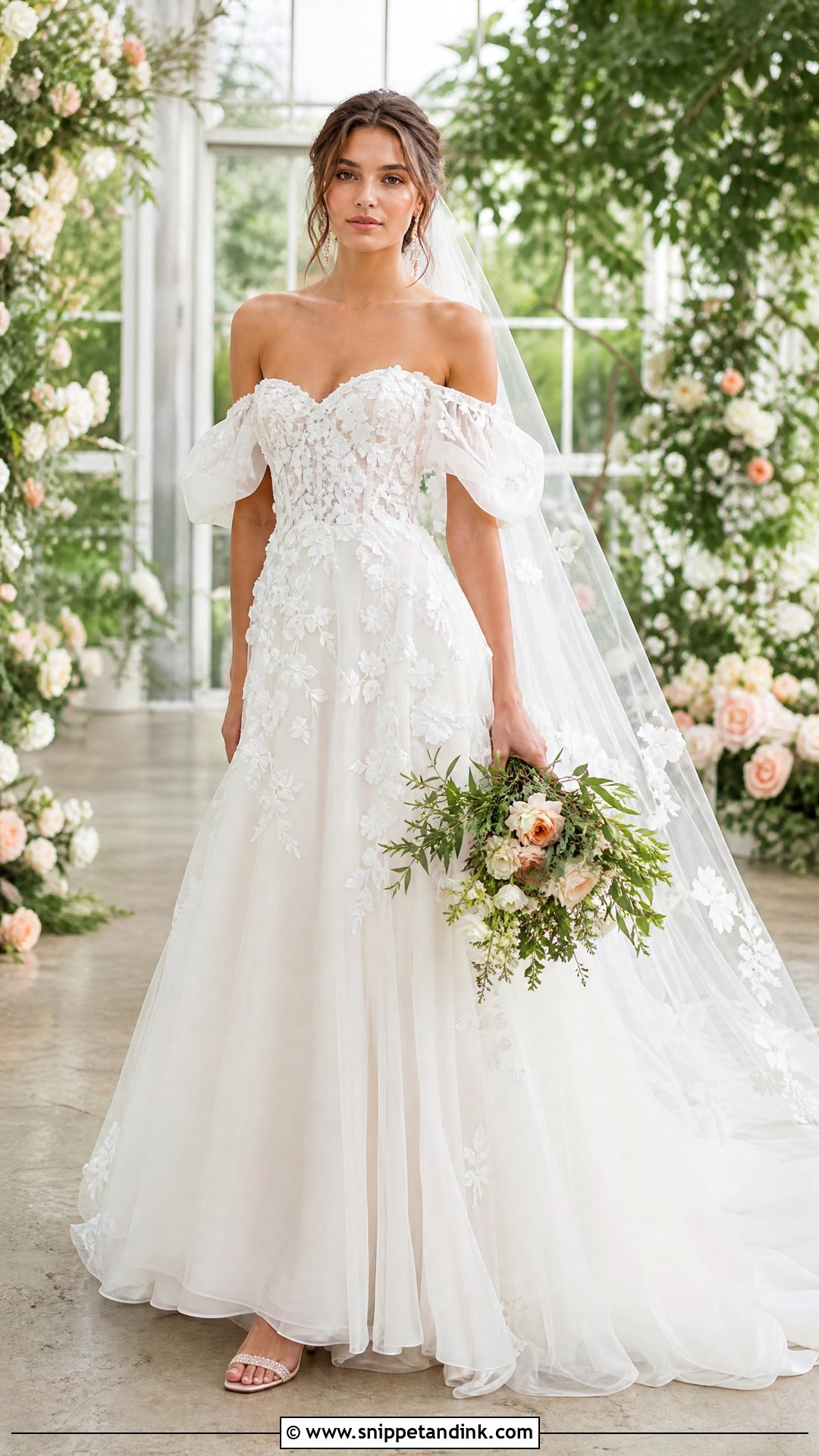 Off Shoulder Puff Sleeve Floral Applique Wedding Dress - Snippet and Ink - 20 Off Shoulder Puff Sleeve Wedding Dress Ideas