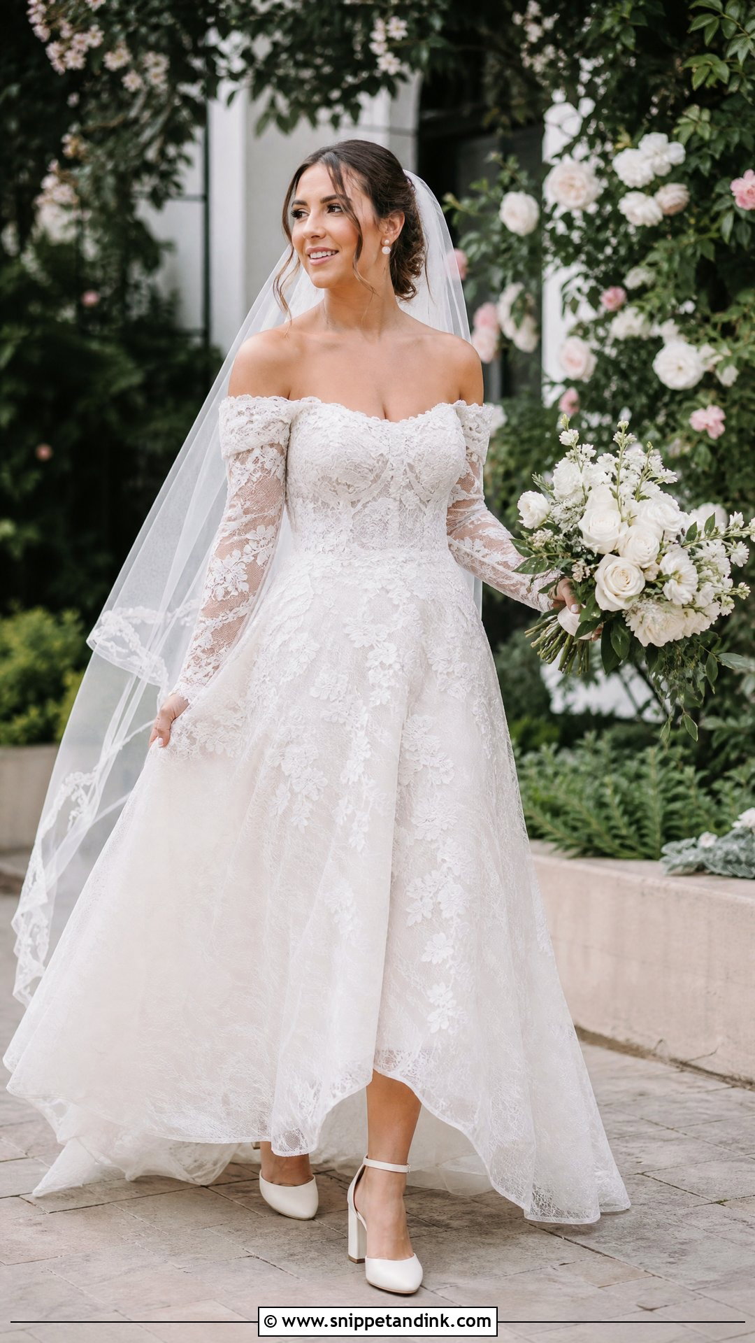 Off Shoulder Puff Sleeve Lace A Line Wedding Dress - Snippet and Ink - 20 Off Shoulder Puff Sleeve Wedding Dress Ideas