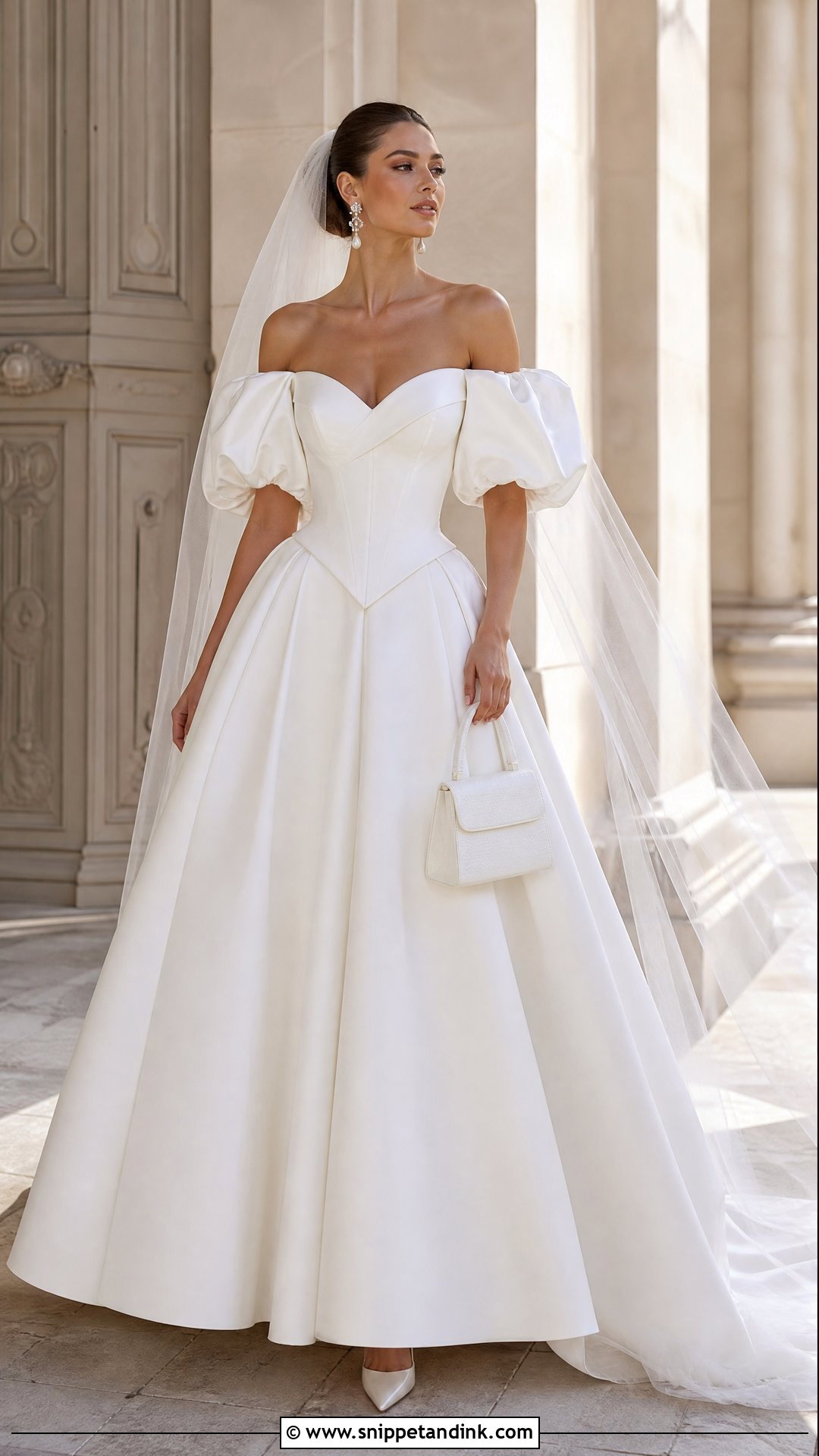 Off Shoulder Puff Sleeve Mikado Basque Waist Wedding Dress - Snippet and Ink - 20 Off Shoulder Puff Sleeve Wedding Dress Ideas