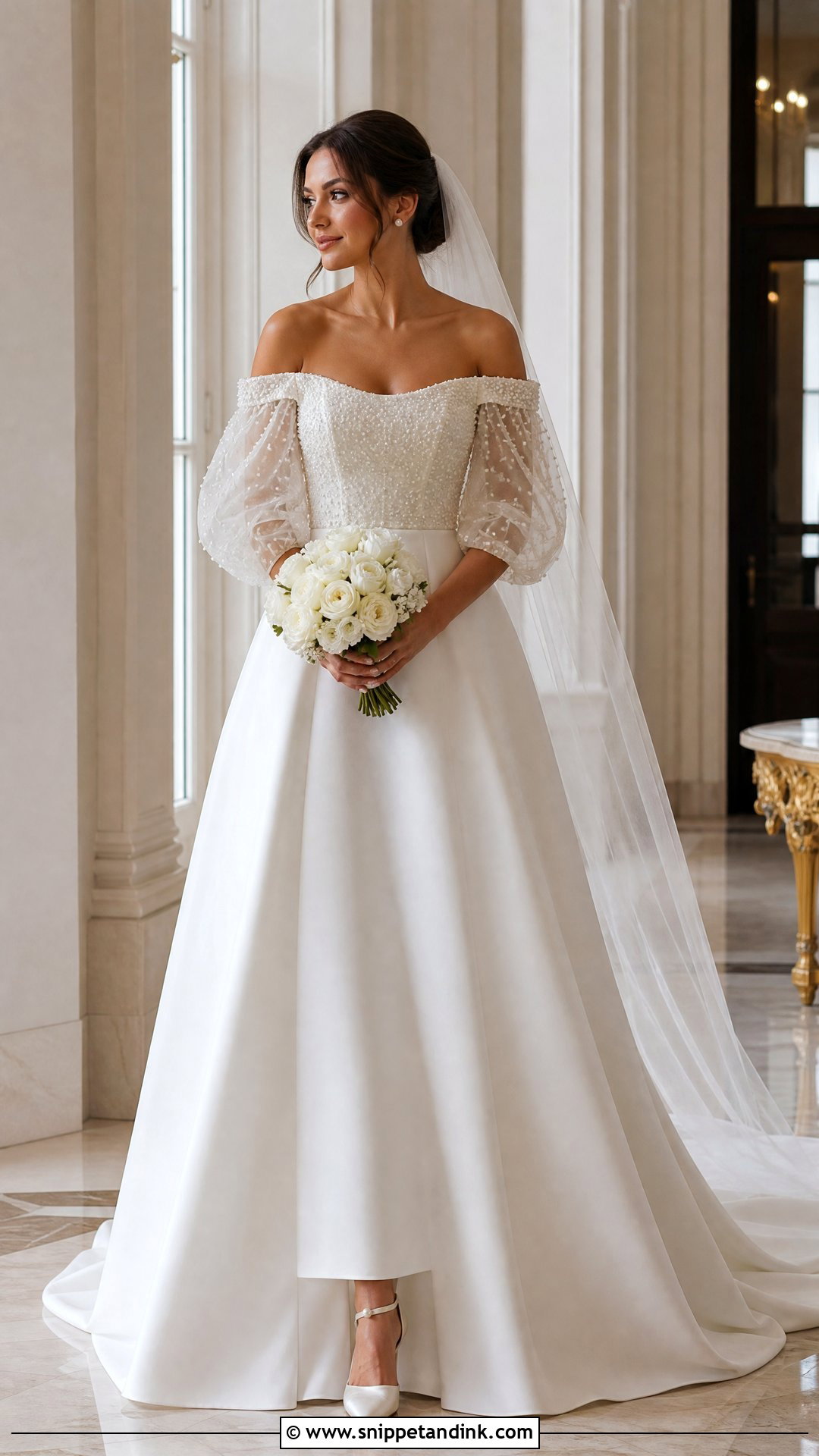 Off Shoulder Puff Sleeve Pearl Wedding Dress - Snippet and Ink - 20 Off Shoulder Puff Sleeve Wedding Dress Ideas