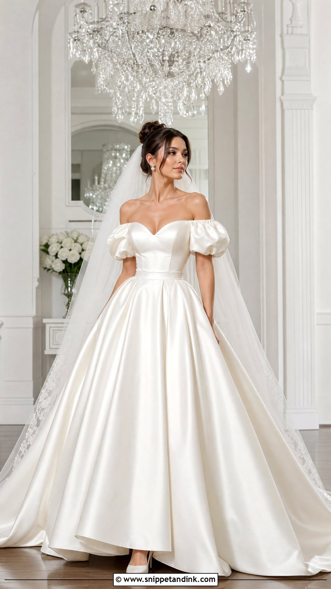 Off Shoulder Puff Sleeve Satin Ball Gown - Snippet and Ink - 20 Off Shoulder Puff Sleeve Wedding Dress Ideas