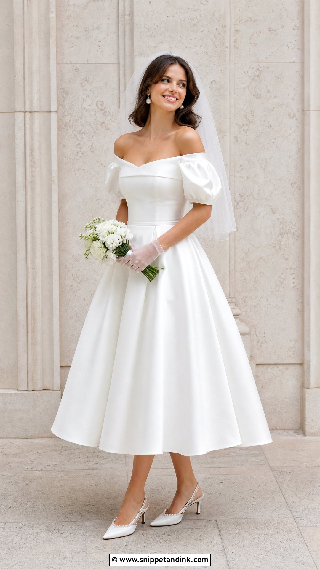 Off Shoulder Puff Sleeve Tea Length Wedding Dress - Snippet and Ink - 20 Off Shoulder Puff Sleeve Wedding Dress Ideas