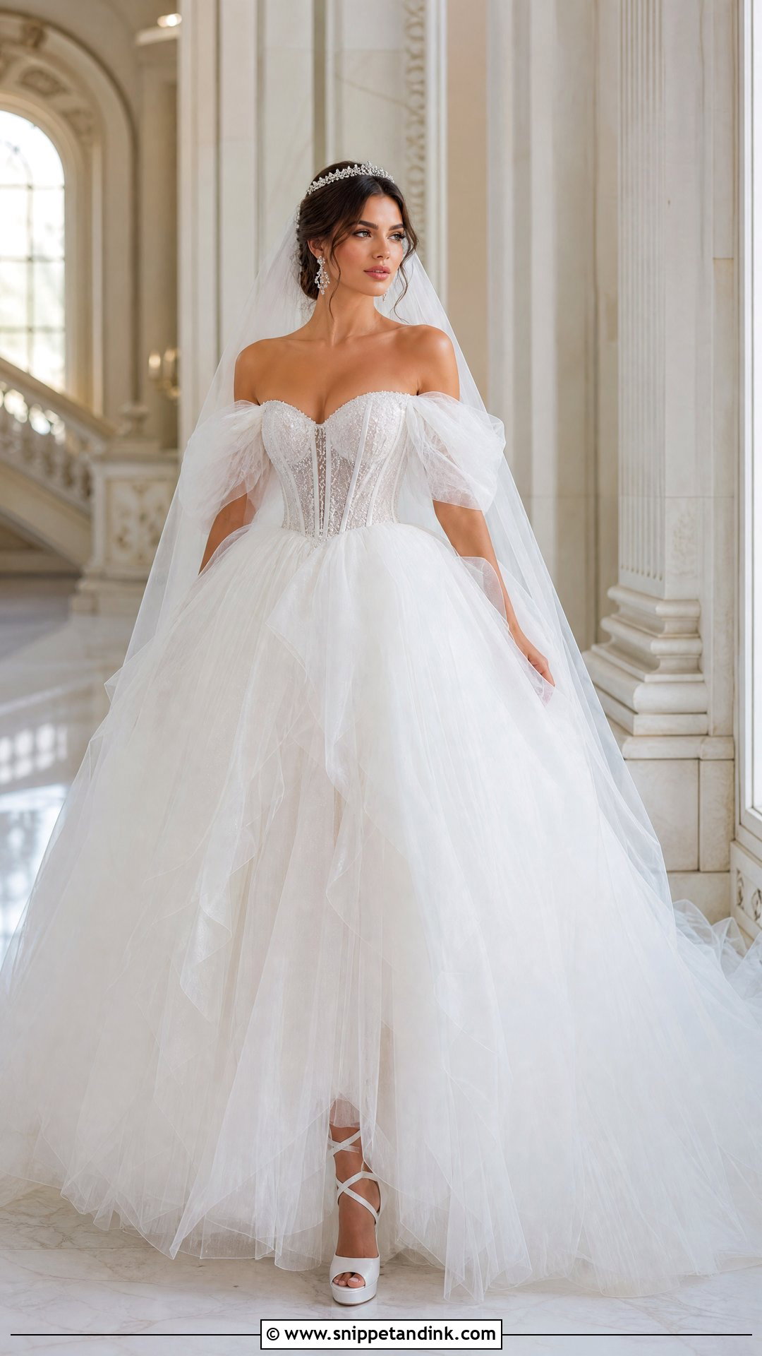 Off Shoulder Puff Sleeve Tulle Princess Wedding Dress - Snippet and Ink - 20 Off Shoulder Puff Sleeve Wedding Dress Ideas