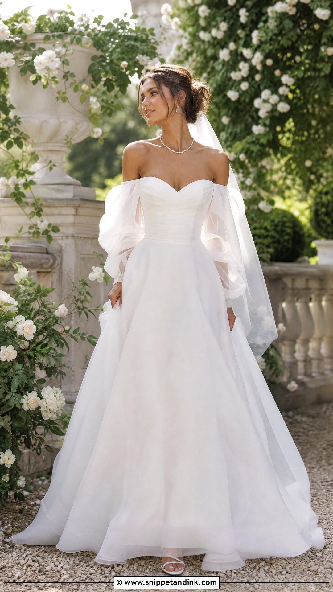 Off Shoulder Puffed Sleeve Wedding Dress - Snippet and Ink - 20 Puffed Sleeve Wedding Dress Ideas