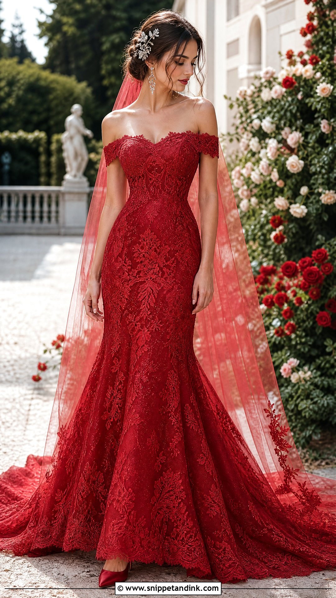 Off Shoulder Red Lace Wedding Dress - Snippet and Ink - 20 Red Lace Wedding Dress Ideas