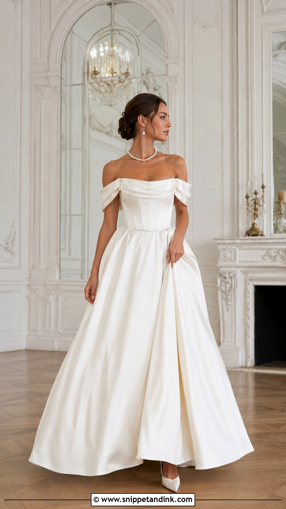 Off Shoulder Regency Wedding Dress - Snippet and Ink - 20 Bridgerton Inspired Wedding Dresses