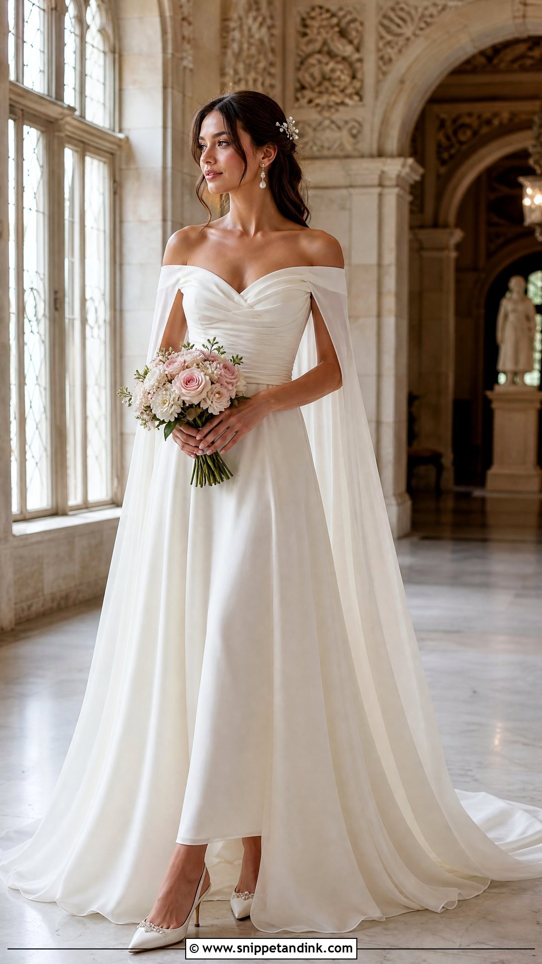 Off Shoulder Reign Wedding Dress With Cape Veil - Snippet and Ink - 20 Reign Wedding Dress Ideas