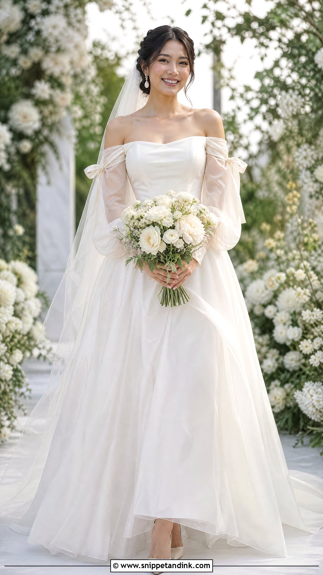 Off Shoulder Ribbon Sleeve Wedding Dress - Snippet and Ink - 20 Ribbon Wedding Dress Ideas