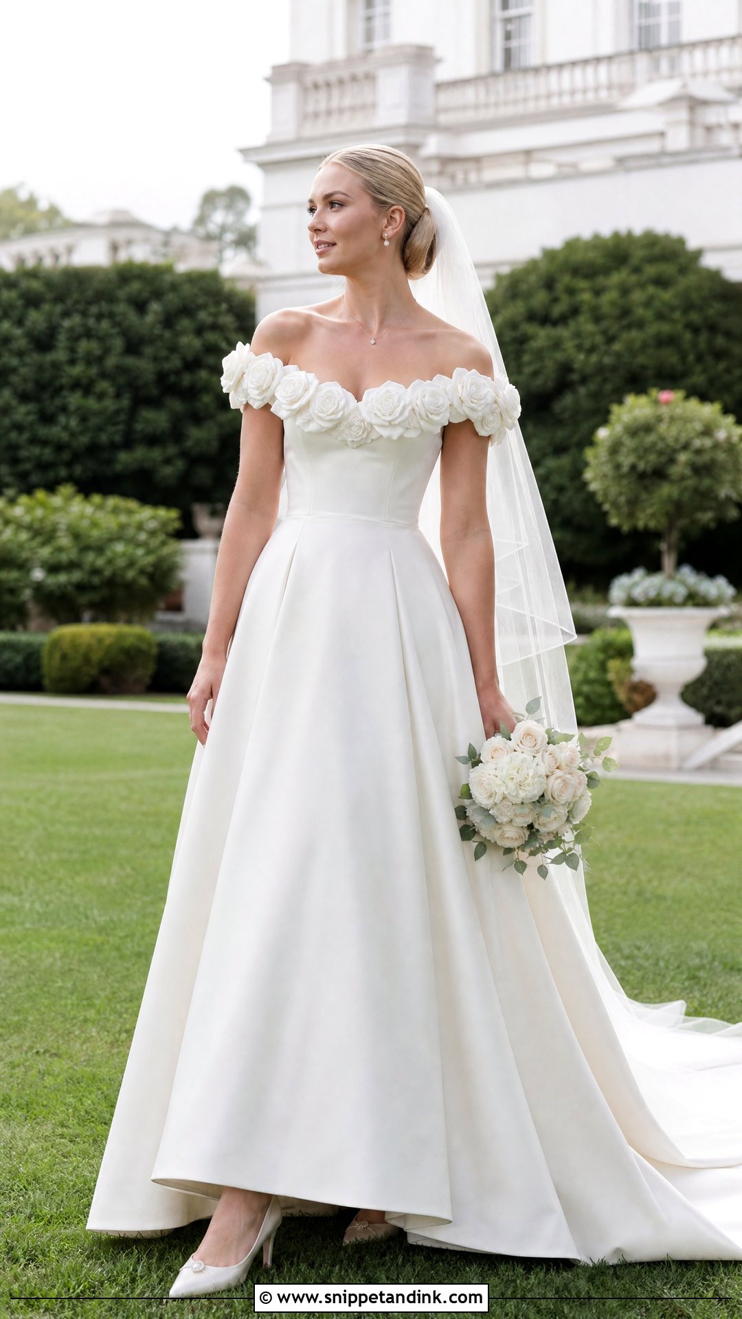 Off Shoulder Rose Applique Wedding Dress - Snippet and Ink - 20 Wedding Dress with Roses Ideas
