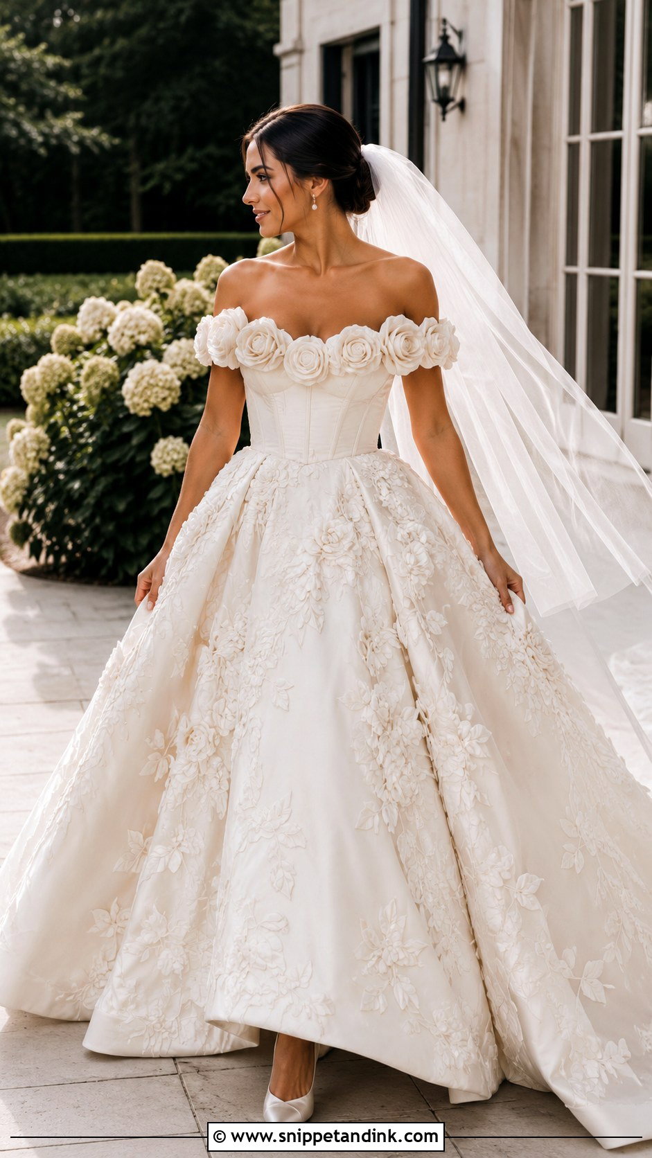 Off Shoulder Rose Applique Wedding Dress - Snippet and Ink - 20 Botanical Wedding Dress Ideas