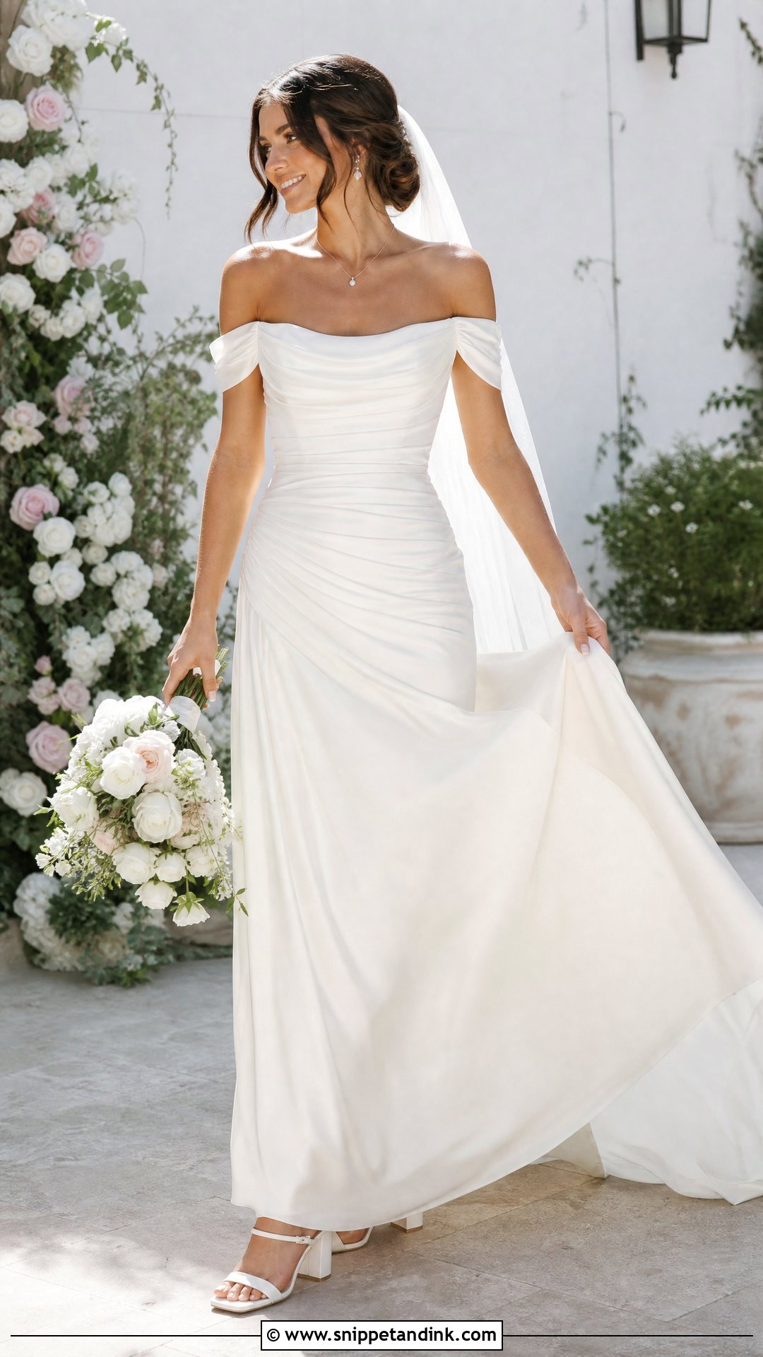 Off Shoulder Ruched Wedding Dress - Snippet and Ink - 25 Ruched Wedding Dress Ideas