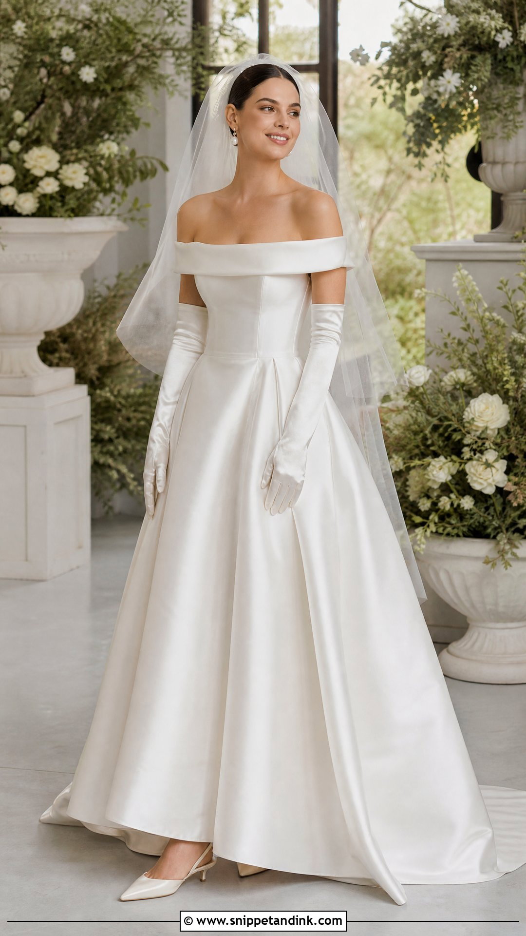Off Shoulder Satin A Line Dress With Elbow Gloves - Snippet and Ink - 20 Satin Wedding Dress with Gloves Ideas