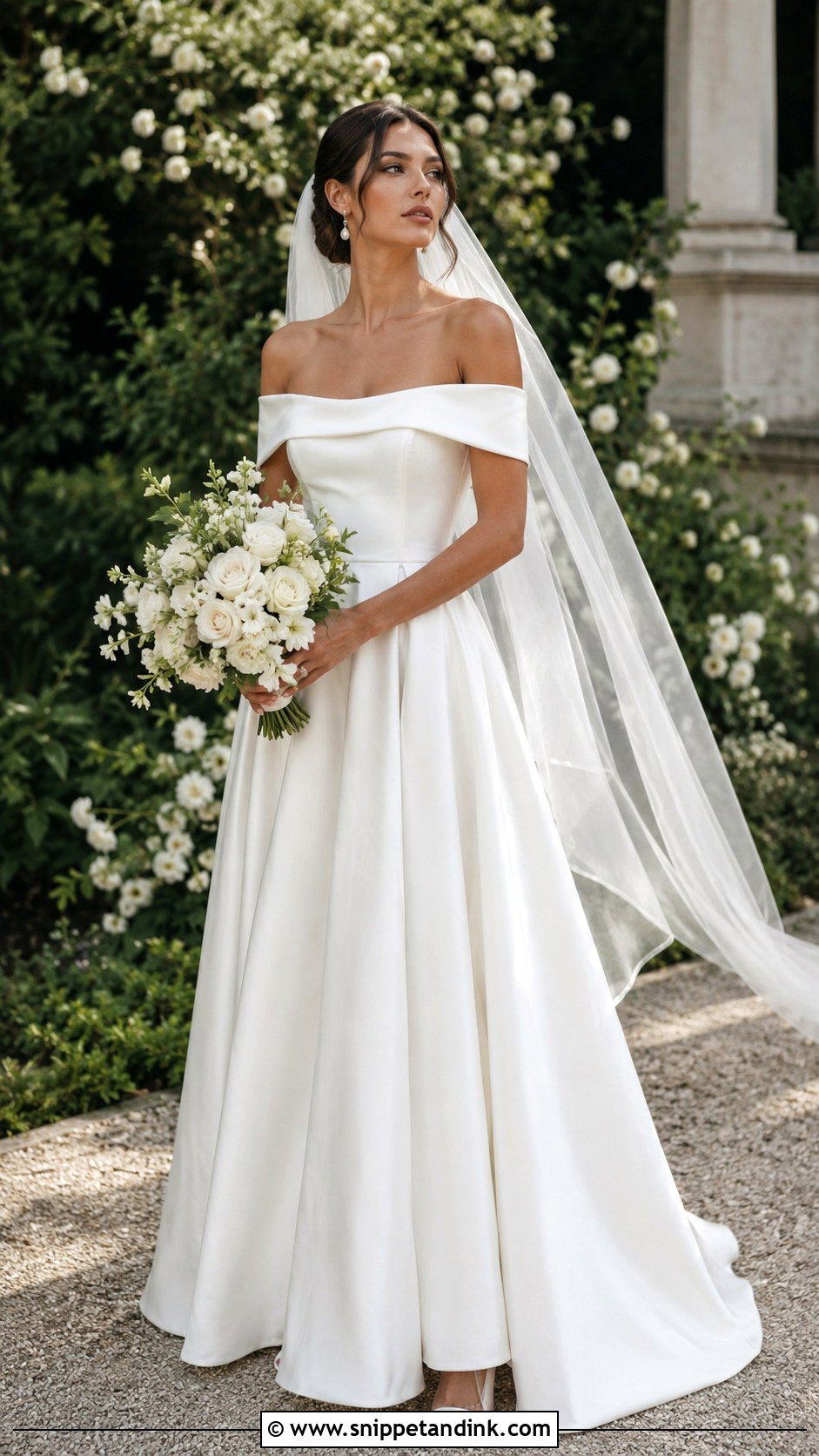 Off Shoulder Satin A Line Wedding Dress - Snippet and Ink - 25 Satin a Line Wedding Dress Ideas