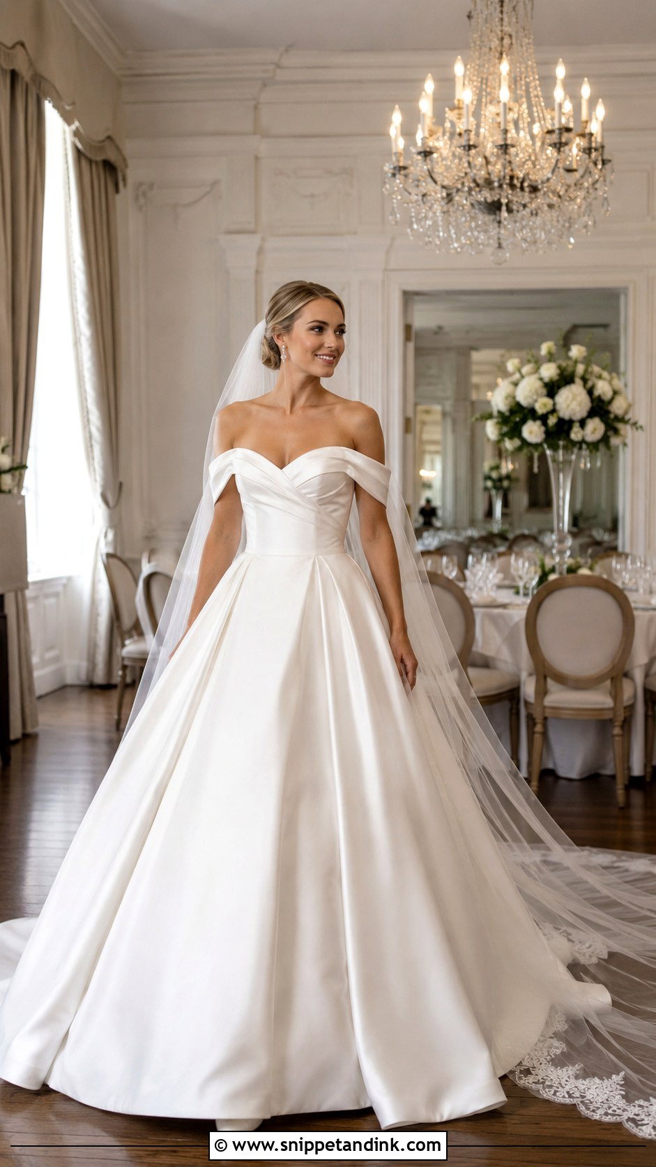 Off Shoulder Satin Ball Gown Wedding Dress - Snippet and Ink - 20 Dramatic Wedding Dresses